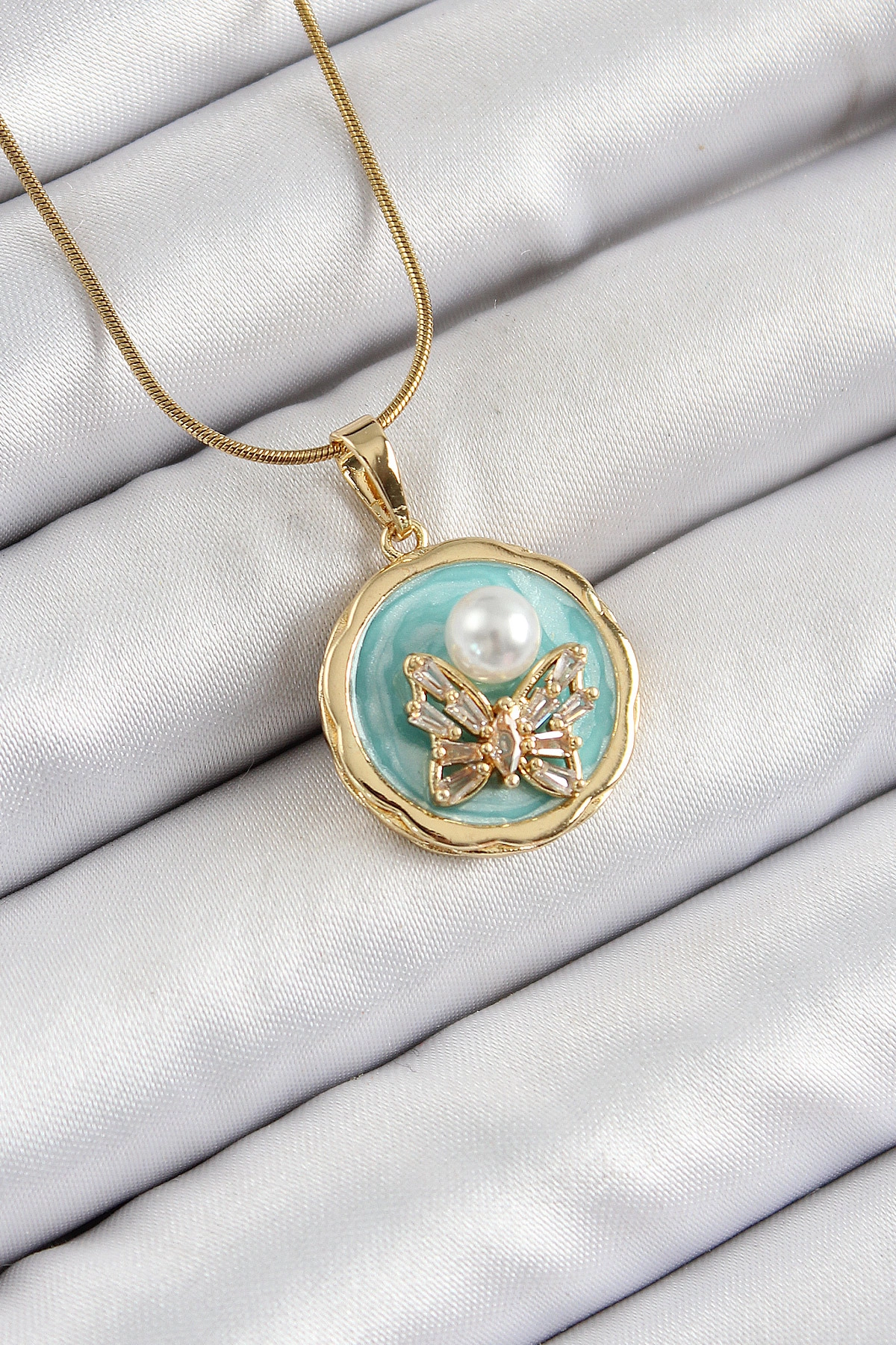 316L Çelik Zincir Zirkon Taşlı Turkuaz Sanatsal Portre İnci Detaylı Kelebek Model Gold Renk Kadın-0