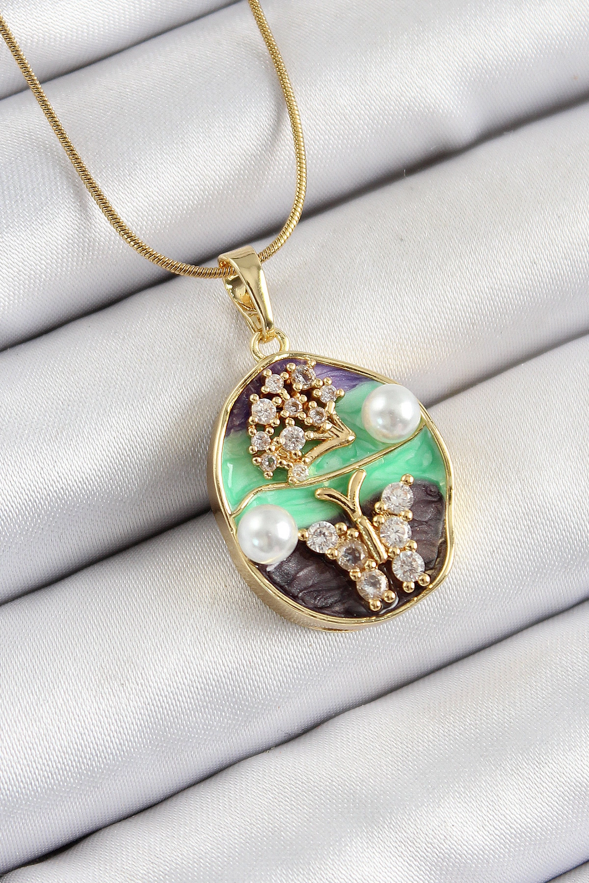 316L Çelik Zincir Zirkon Taşlı Yeşil Mor Sanatsal Portre İnci Detaylı Ağaç Ve Kelebek Figürlü Model-0