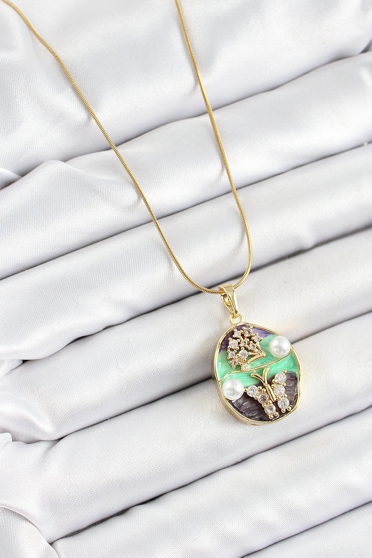 316L Çelik Zincir Zirkon Taşlı Yeşil Mor Sanatsal Portre İnci Detaylı Ağaç Ve Kelebek Figürlü Model-1