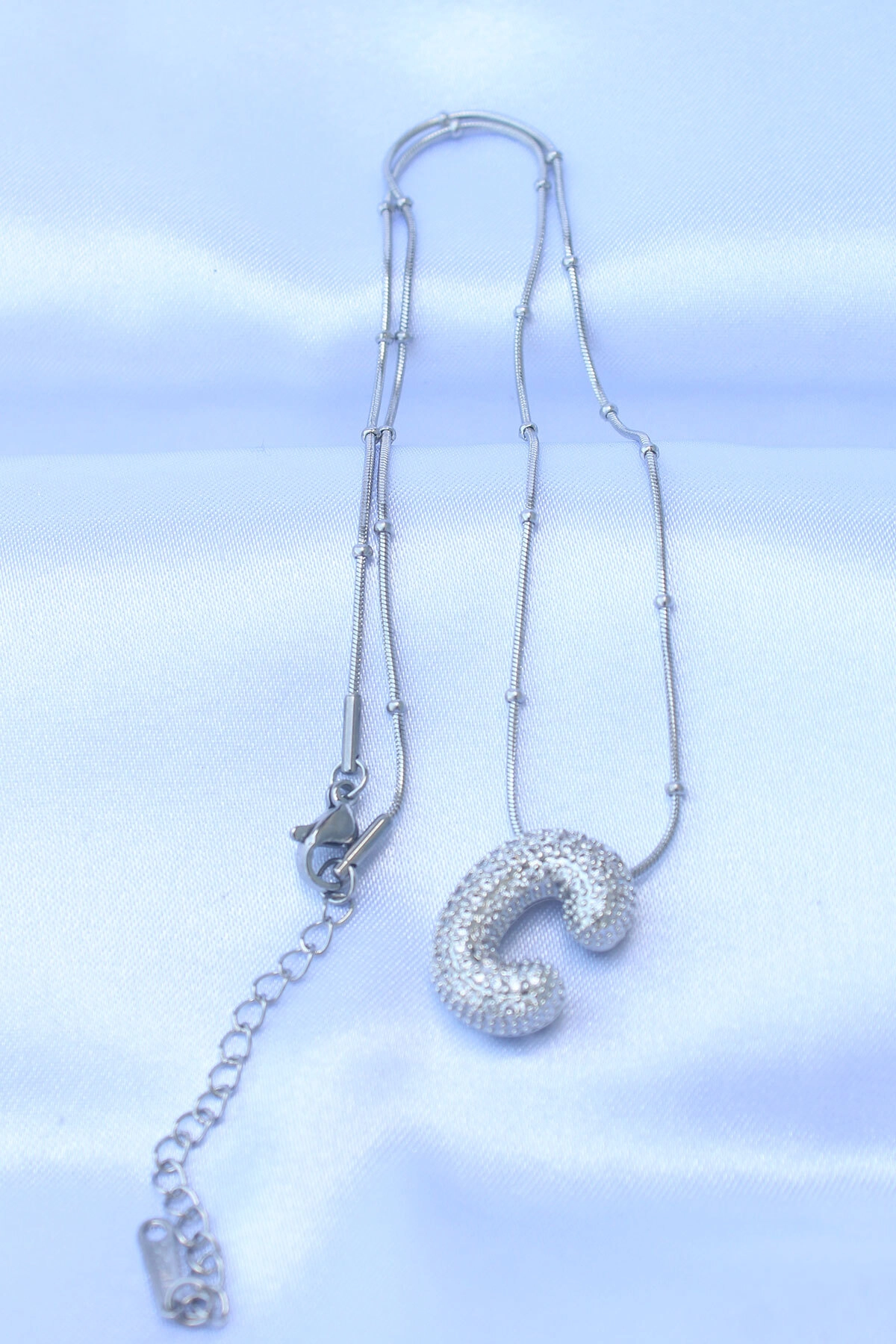 316L Çelik Zincirli Zirkon Taşlı C Harfli Gümüş Renk Bubble Kolye-1