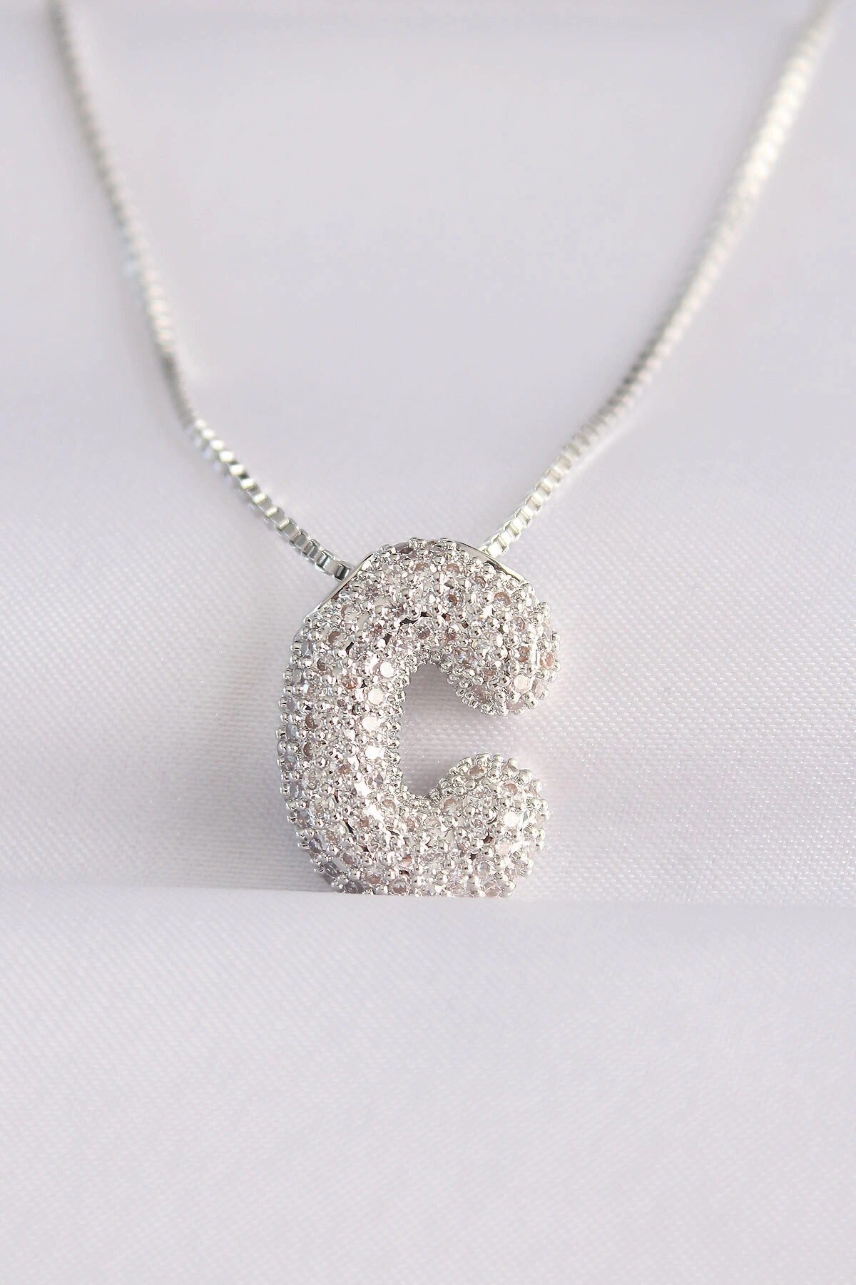 316L Çelik Zincirli Zirkon Taşlı C Harfli Silver Renk Bubble Kolye-0