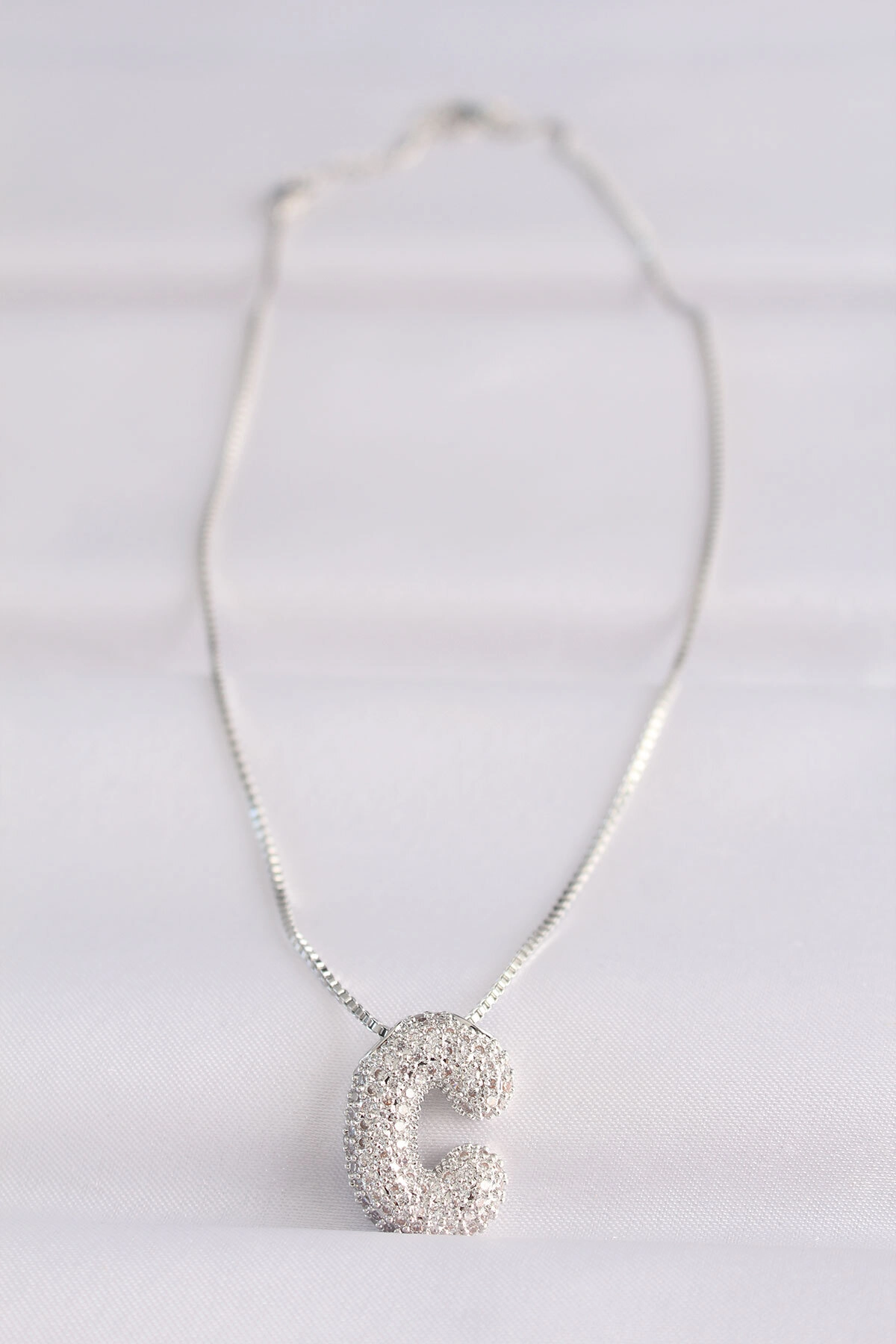 316L Çelik Zincirli Zirkon Taşlı C Harfli Silver Renk Bubble Kolye-1