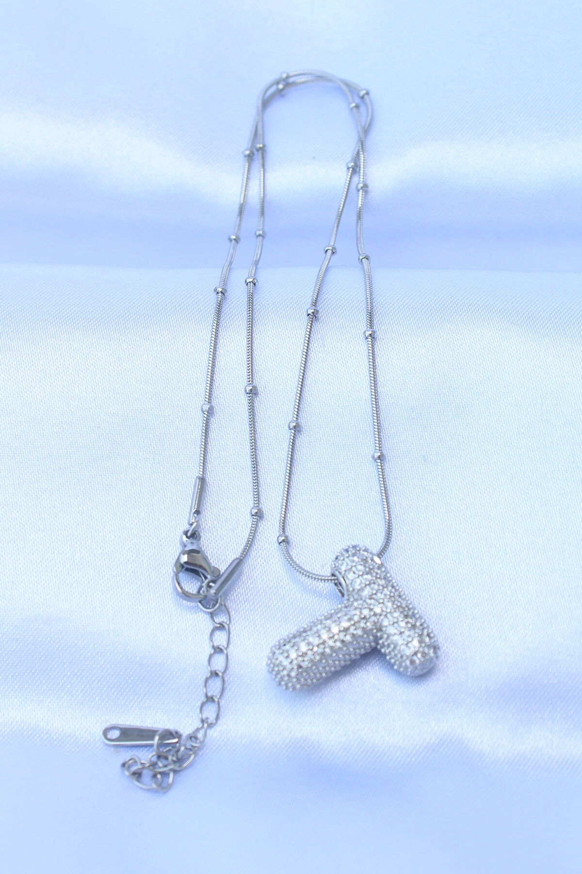 316L Çelik Zincirli Zirkon Taşlı T Harfli Gümüş Renk Bubble Kolye-1