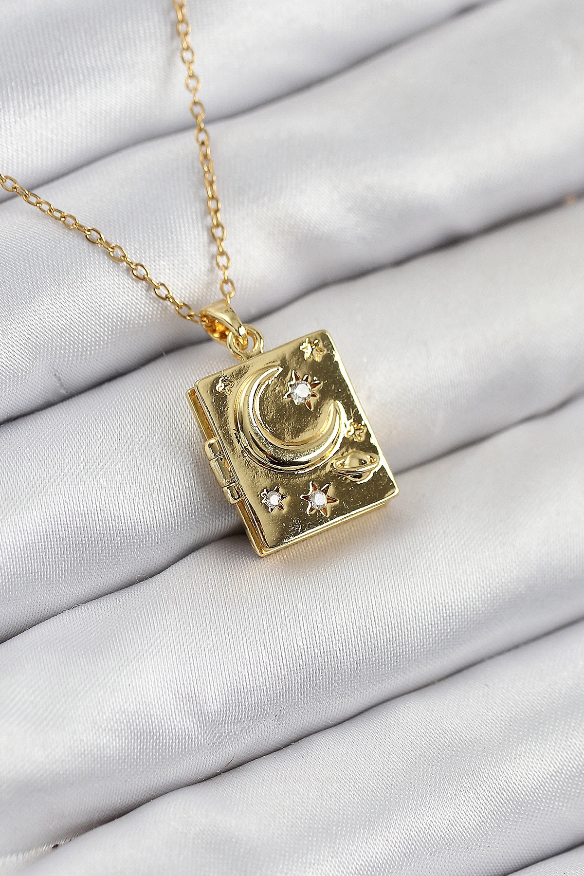 316L Çelik Zirkon Taşlı Açılabilr Kapaklı Kitap Model Gold Renk Kadın Kolye-0