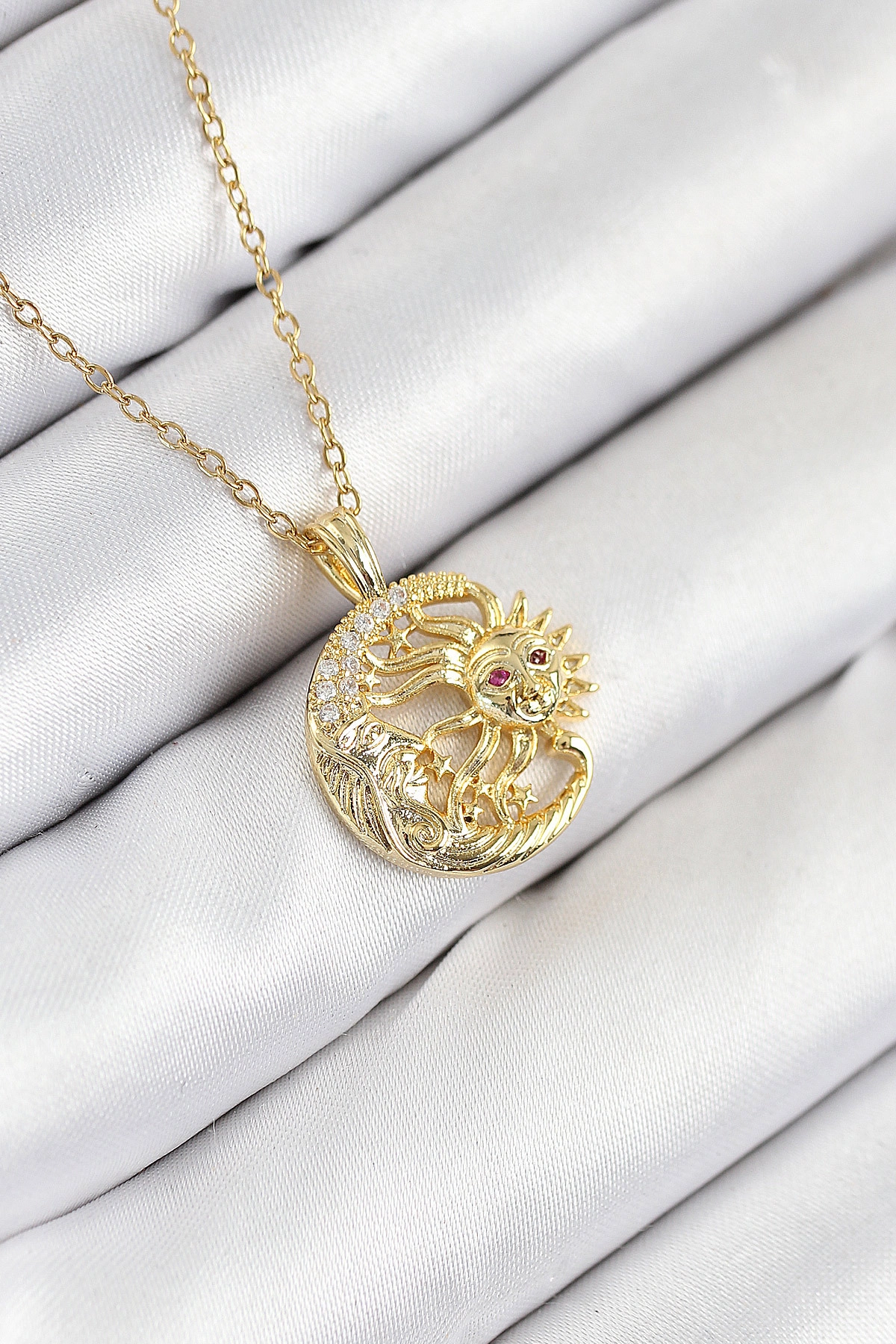 316L Çelik Zirkon Taşlı Ay Ve Güneş Model Gold Renk Kadın Kolye-0