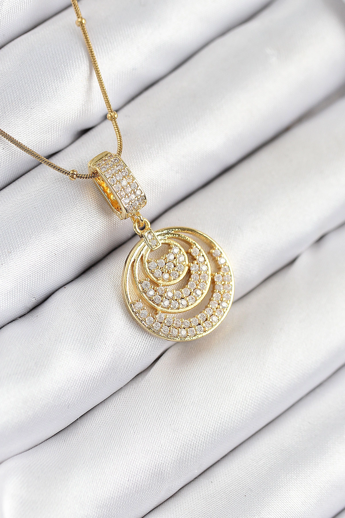 316L Çelik Zirkon Taşlı Çember Model Gold Renk Kadın Kolye-0