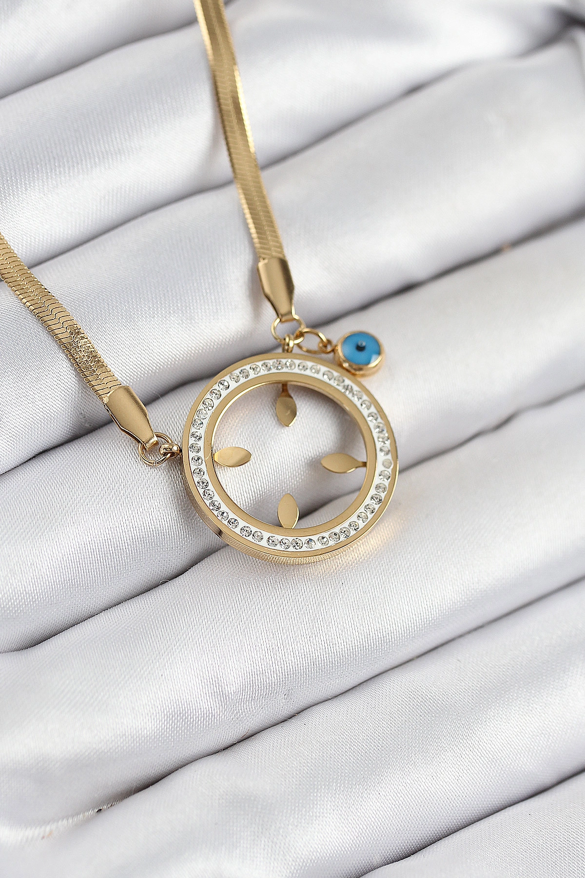 316L Çelik Zirkon Taşlı Çeyrek Takılabilir Gold Renk Kadın Kolye-0