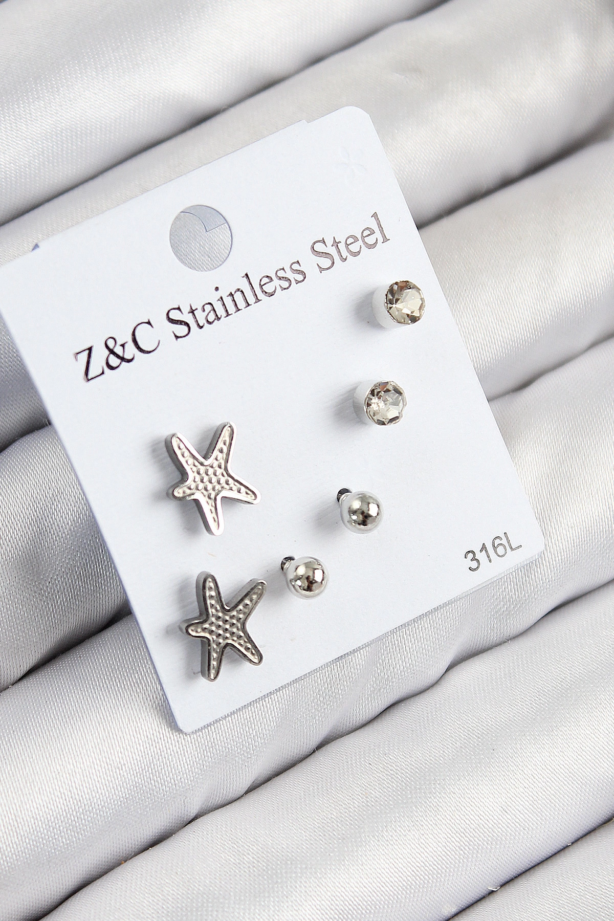 316L Çelik Zirkon Taşlı Deniz Yıldızı Model Gümüş Renk Kadın Set Küpe-0
