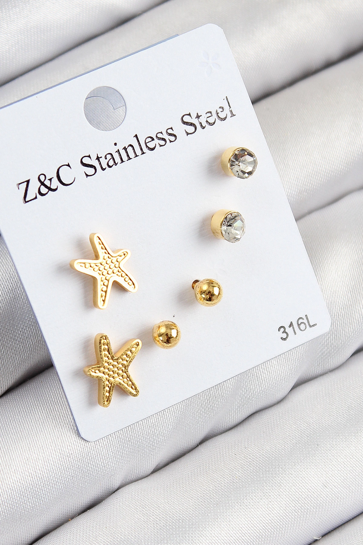 316L Çelik Zirkon Taşlı Deniz Yıldızı Model Gümüş Renk Kadın Set Küpe-0