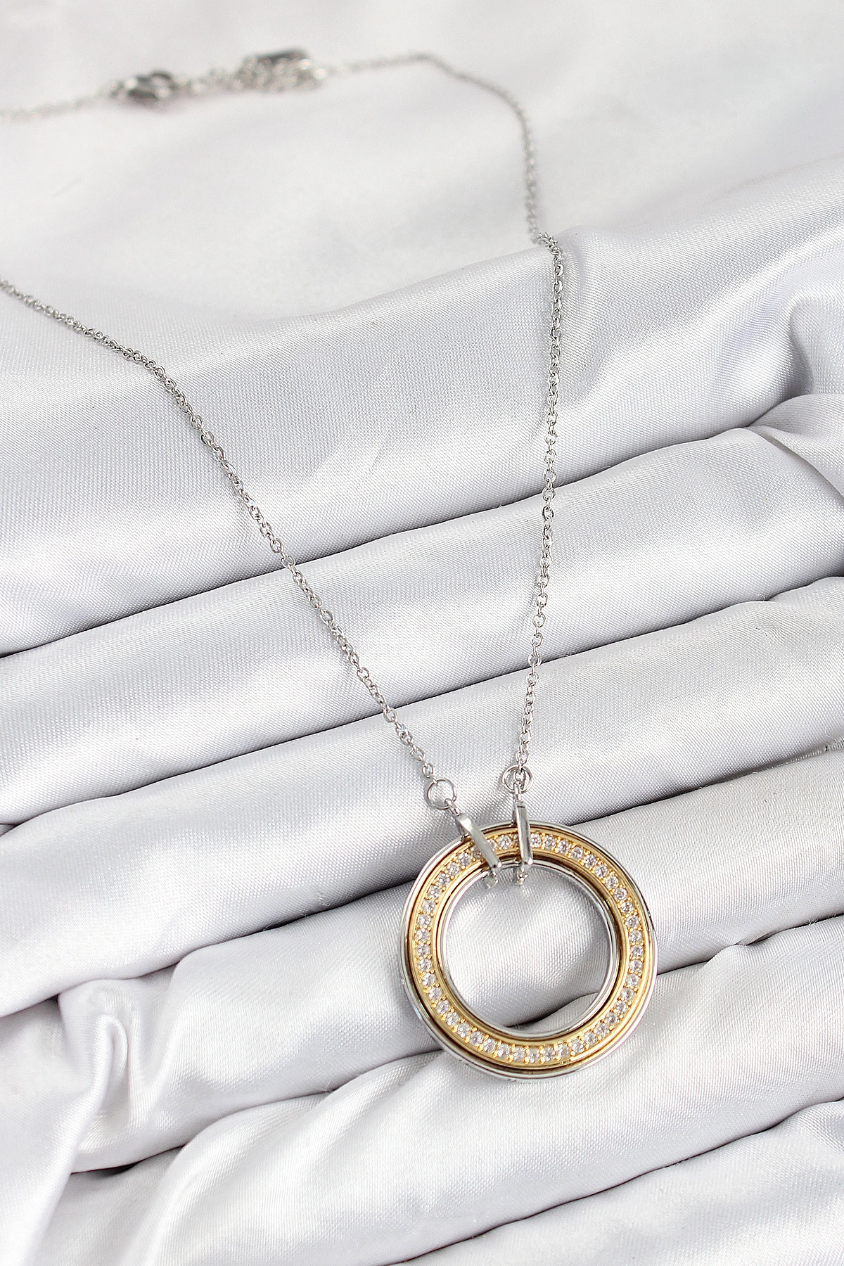 316L Çelik Zirkon Taşlı Dönen Daire Model Gold Ve Gümüş Renk Kadın Kolye-1