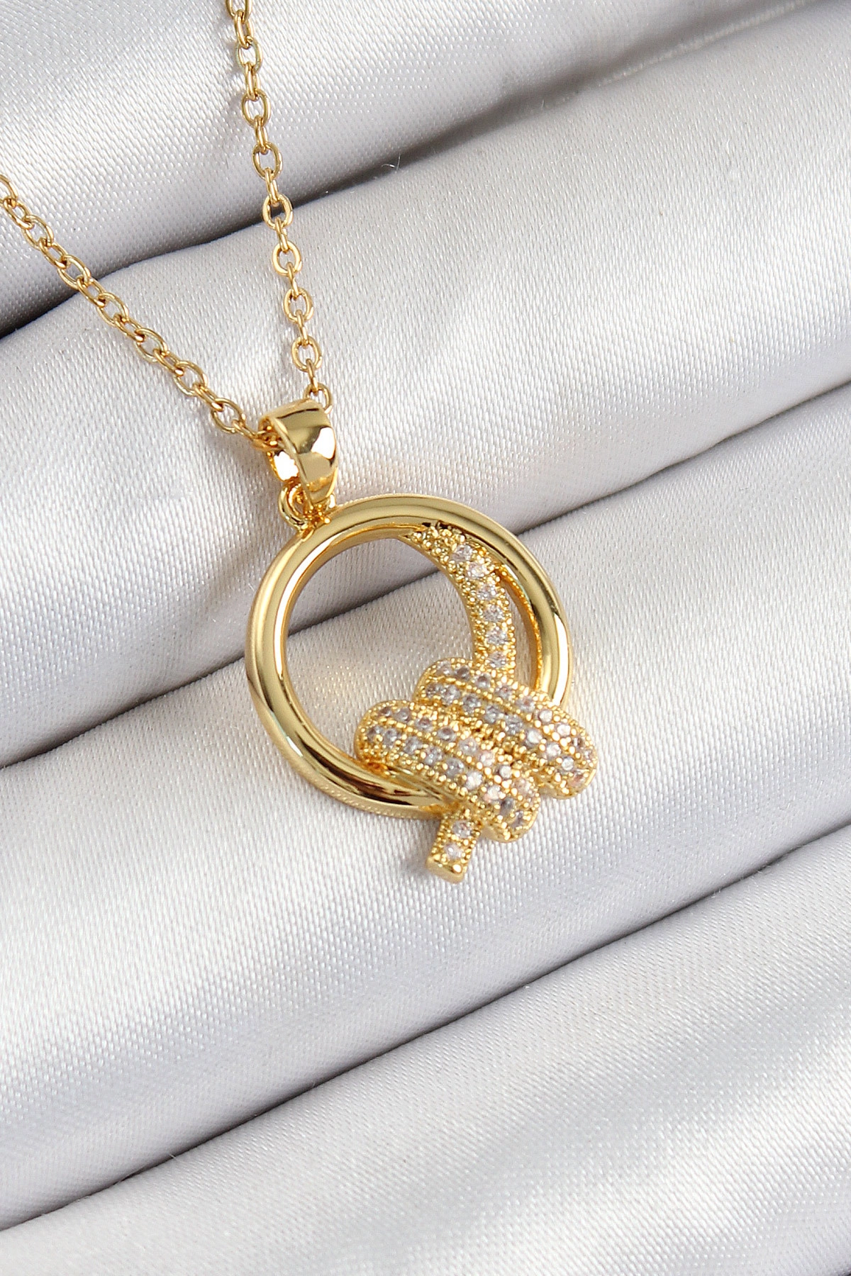 316L Çelik Zirkon Taşlı Düğüm Model Gold Renk Kadın Kolye-0