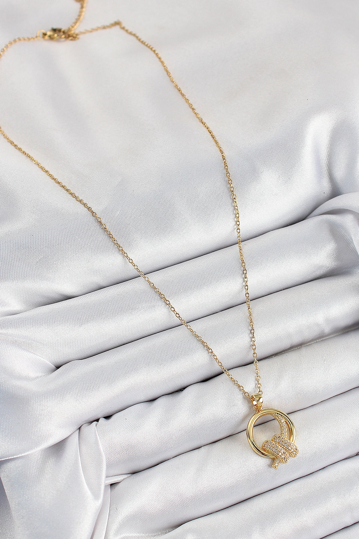 316L Çelik Zirkon Taşlı Düğüm Model Gold Renk Kadın Kolye-1