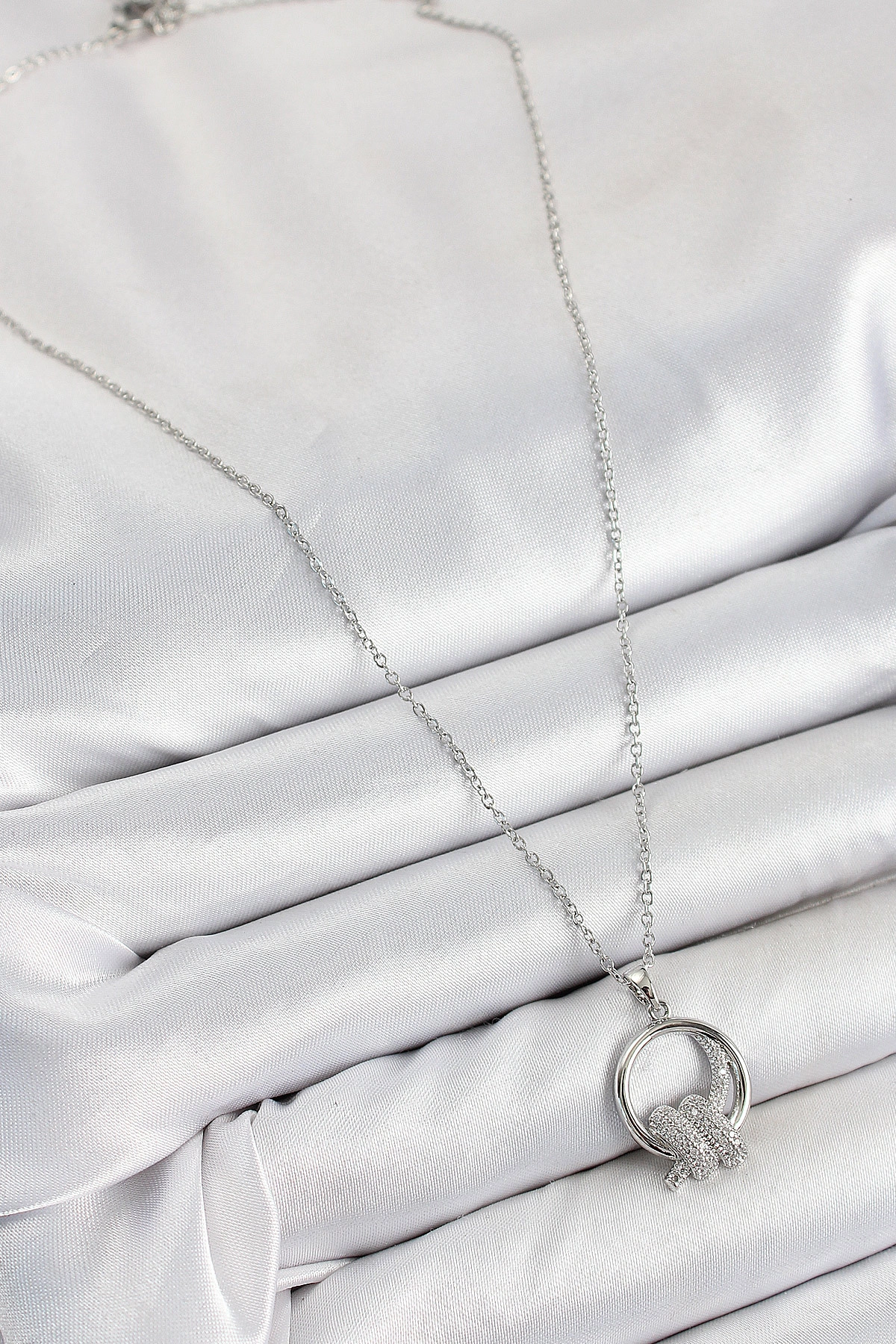 316L Çelik Zirkon Taşlı Düğüm Model Gümüş Renk Kadın Kolye-1