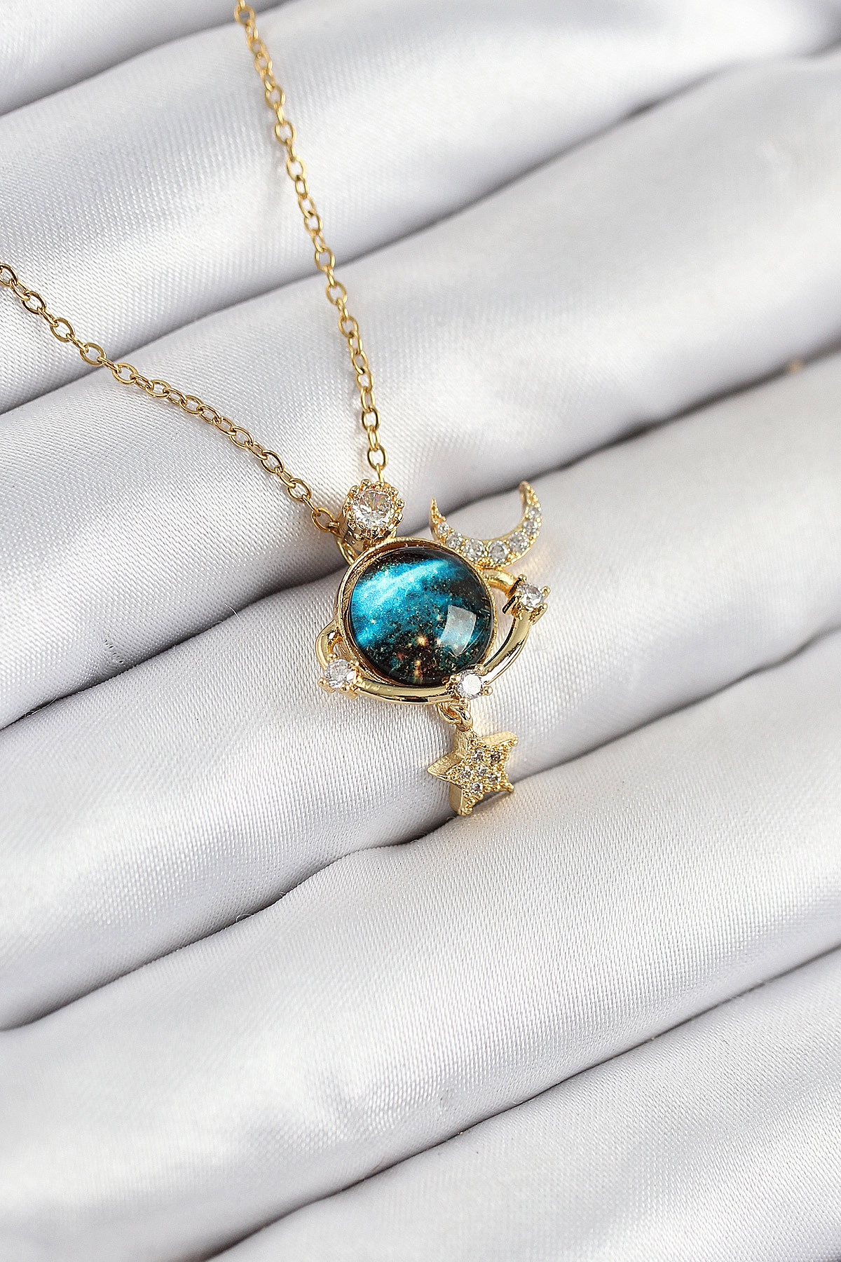 316L Çelik Zirkon Taşlı Gezegen Model Gold Renk Kadın Kolye-0