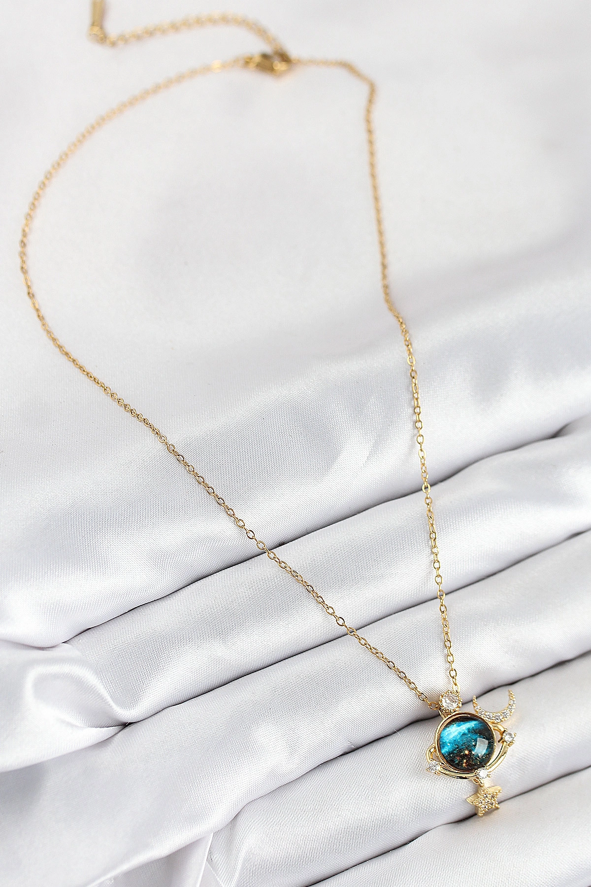 316L Çelik Zirkon Taşlı Gezegen Model Gold Renk Kadın Kolye-1