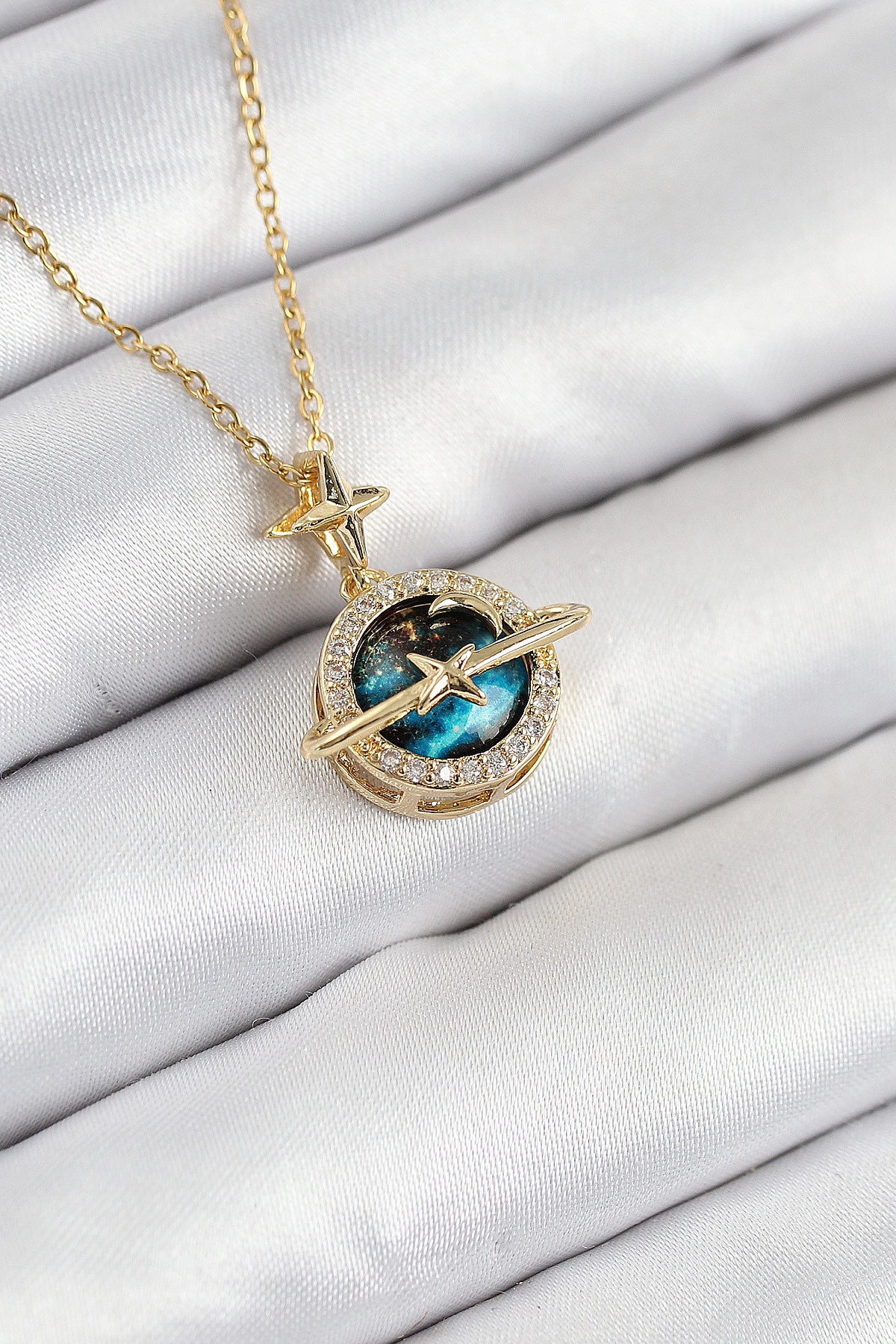 316L Çelik Zirkon Taşlı Gezegen Model Gold Renk Kadın Kolye-0