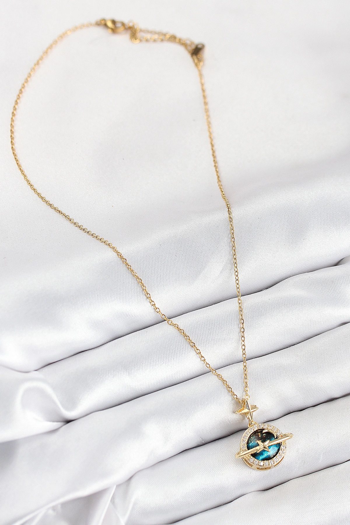 316L Çelik Zirkon Taşlı Gezegen Model Gold Renk Kadın Kolye-1