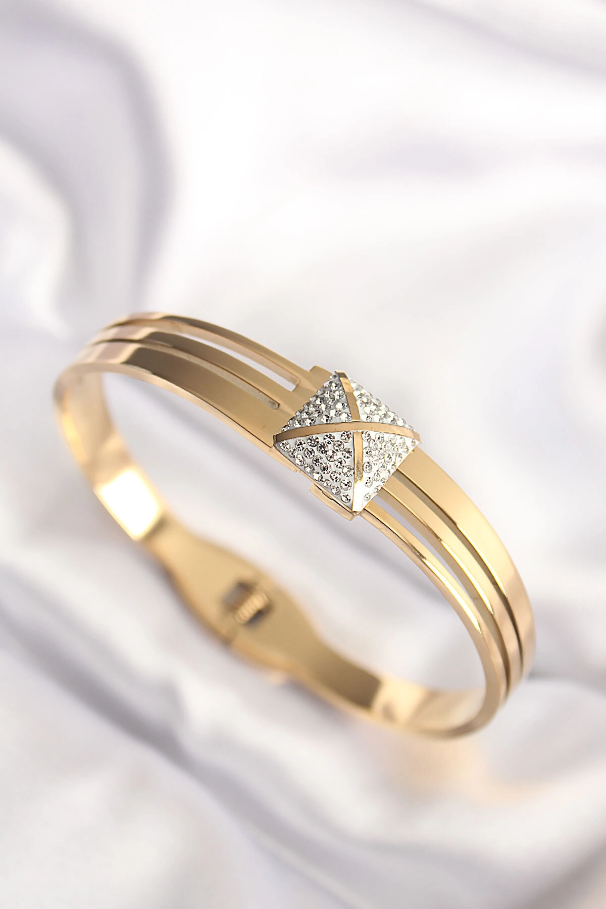 316L Çelik Zirkon Taşlı Gold Renk Kadın Kelepçe Bilezik-0