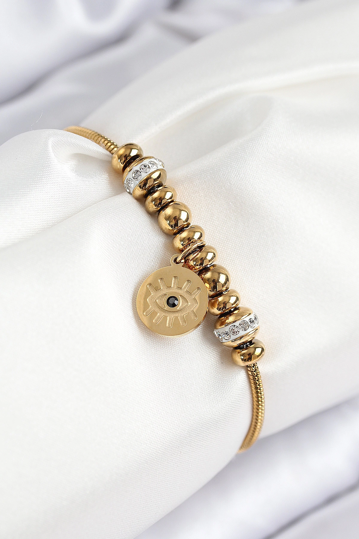 316L Çelik Zirkon Taşlı Göz Charm Model Gold Renk Kadın Bileklik-0