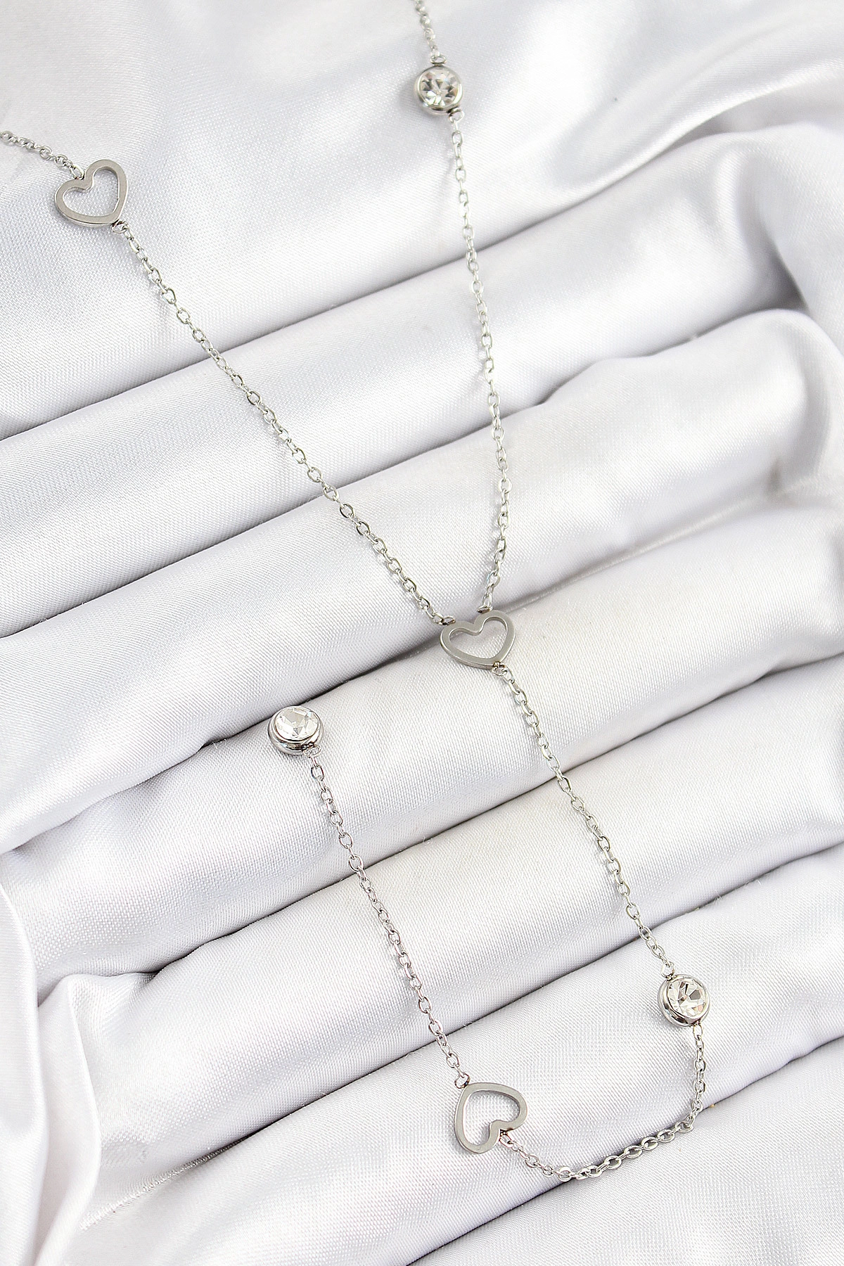 316L Çelik Zirkon Taşlı Kalp Figürlü Y Model Gümüş Renk Kadın Kolye-0