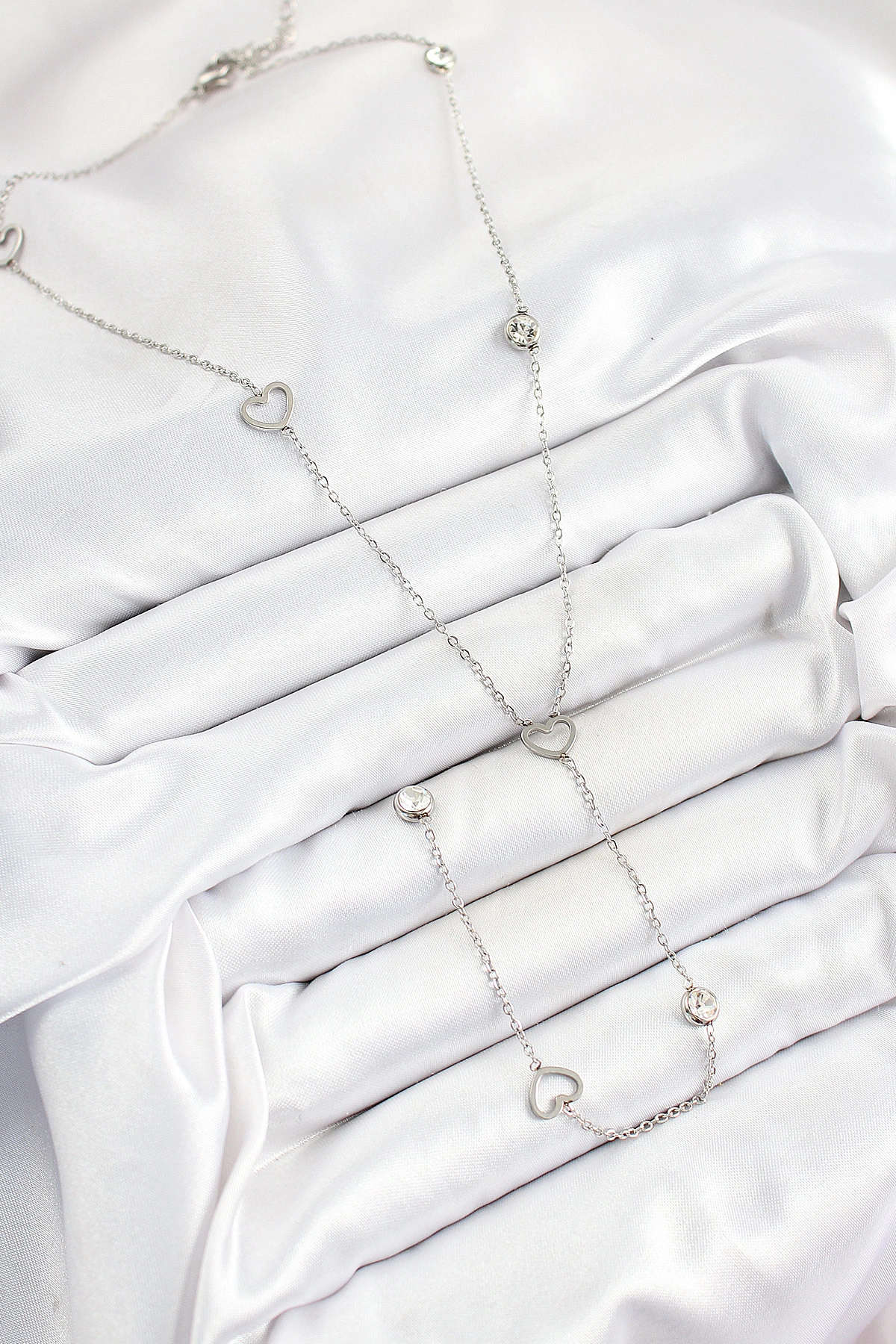 316L Çelik Zirkon Taşlı Kalp Figürlü Y Model Gümüş Renk Kadın Kolye-1