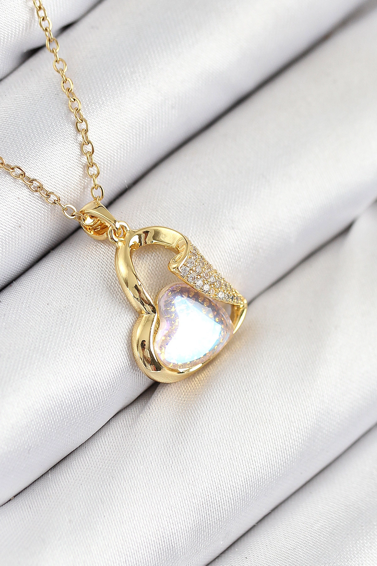 316L Çelik Zirkon Taşlı Kalp Model Gold Renk Kadın Kolye-0