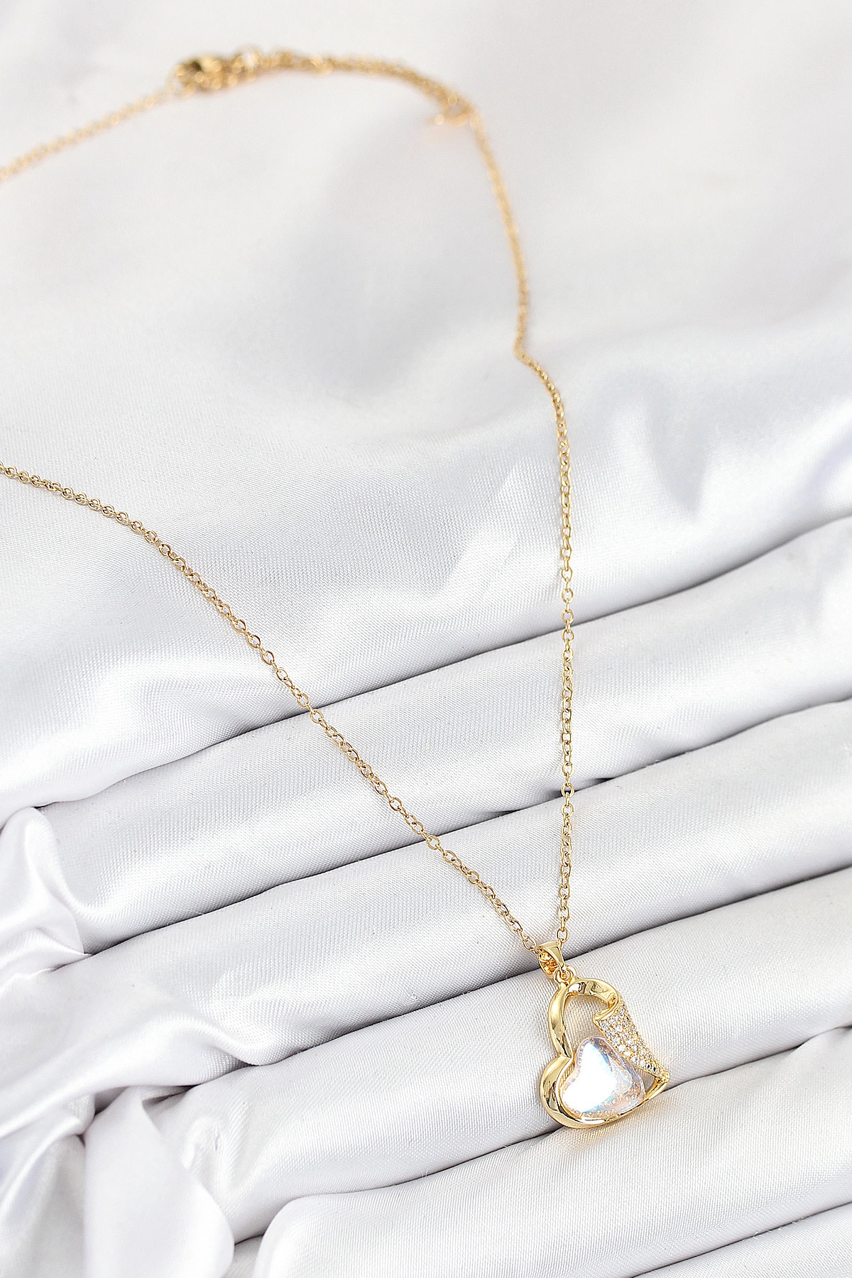 316L Çelik Zirkon Taşlı Kalp Model Gold Renk Kadın Kolye-1