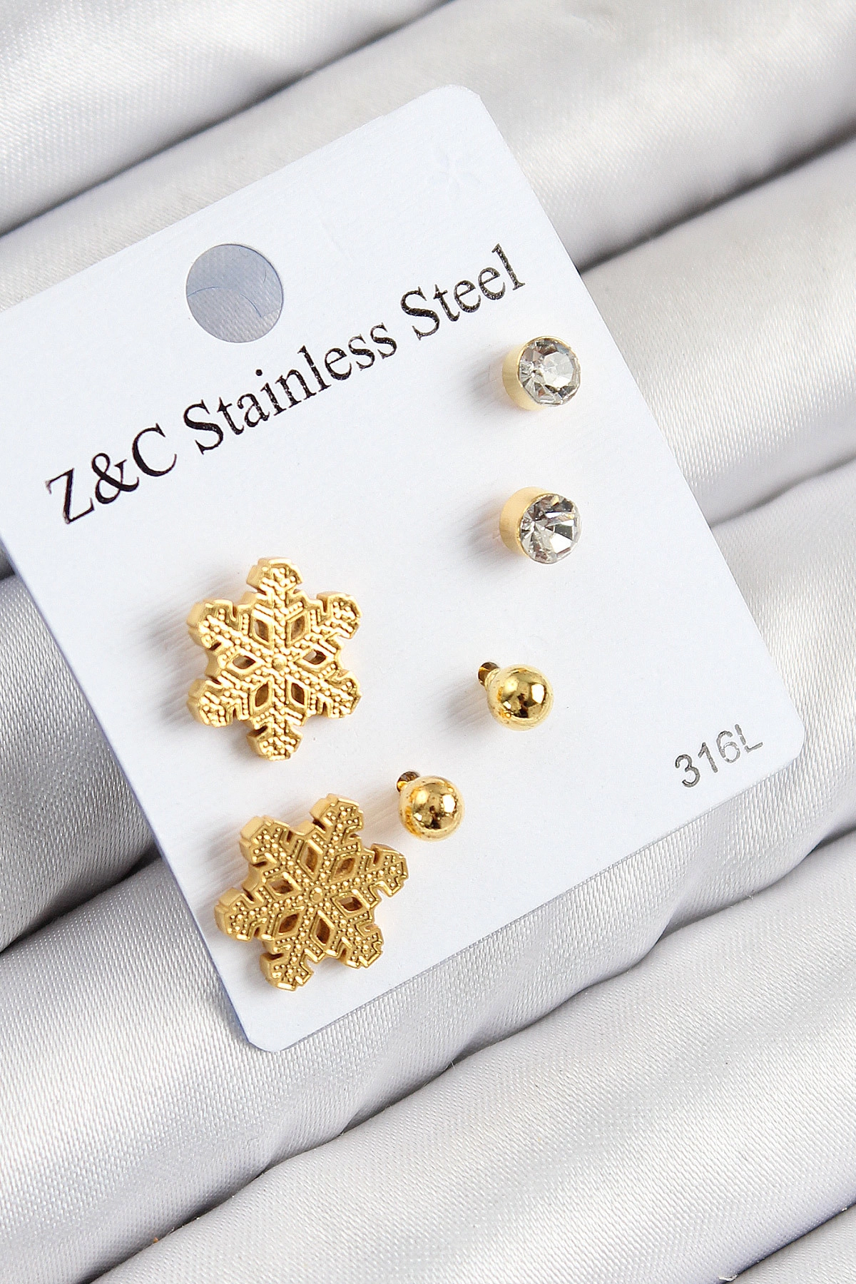 316L Çelik Zirkon Taşlı Kar Tanesi Model Gold Renk Kadın Set Küpe-0