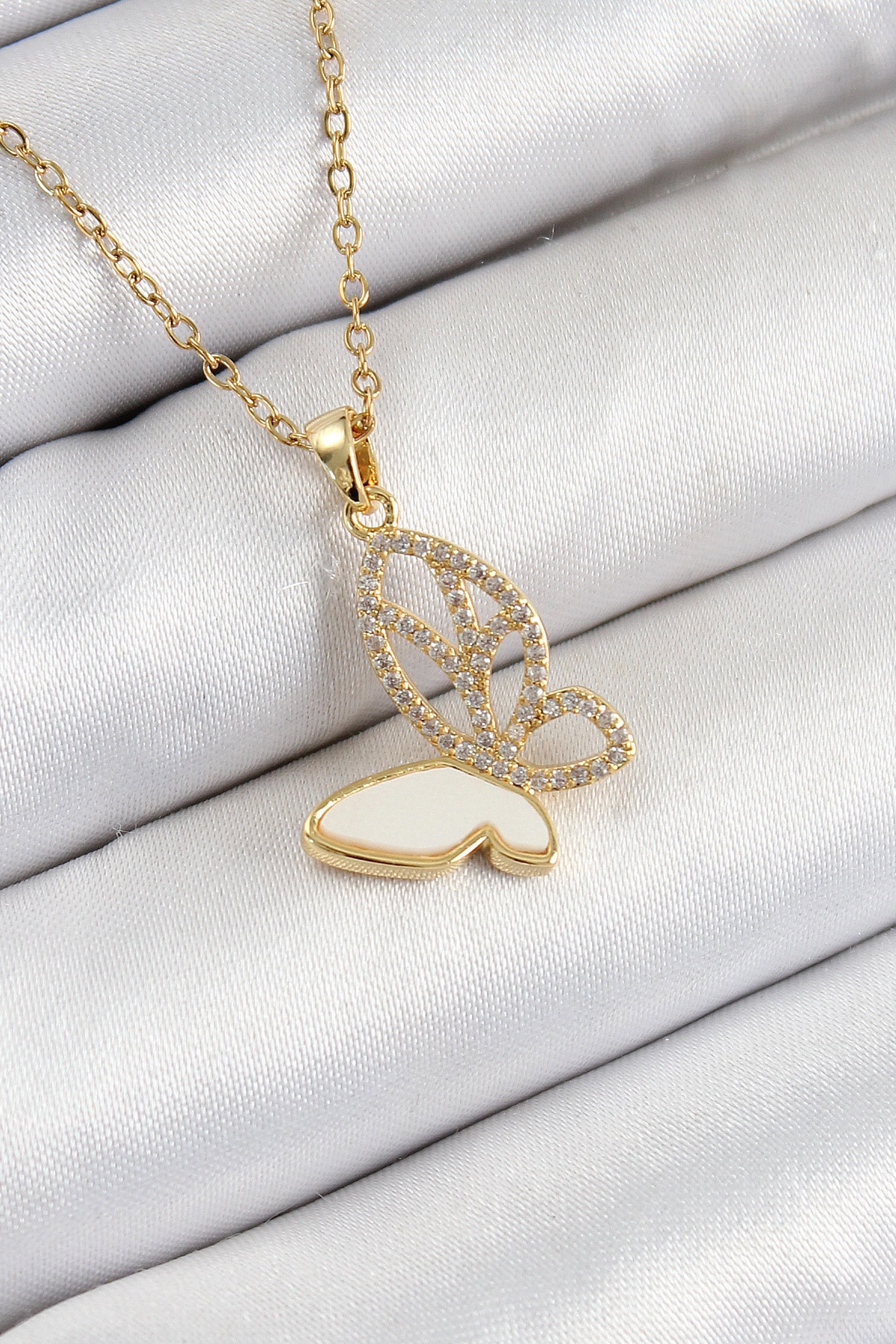 316L Çelik Zirkon Taşlı Kelebek Model Gold Renk Kadın Kolye-0