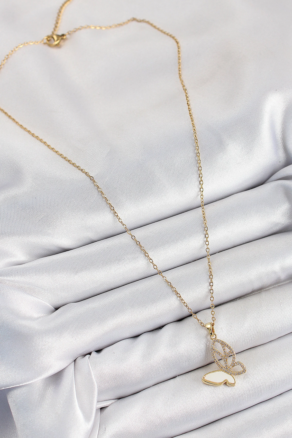 316L Çelik Zirkon Taşlı Kelebek Model Gold Renk Kadın Kolye-1