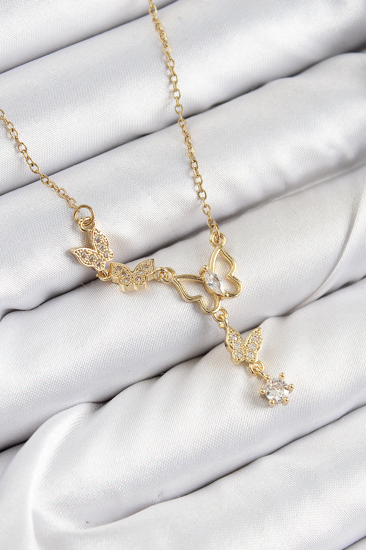 316L Çelik Zirkon Taşlı Kelebek Model Gold Renk Kadın Kolye-0