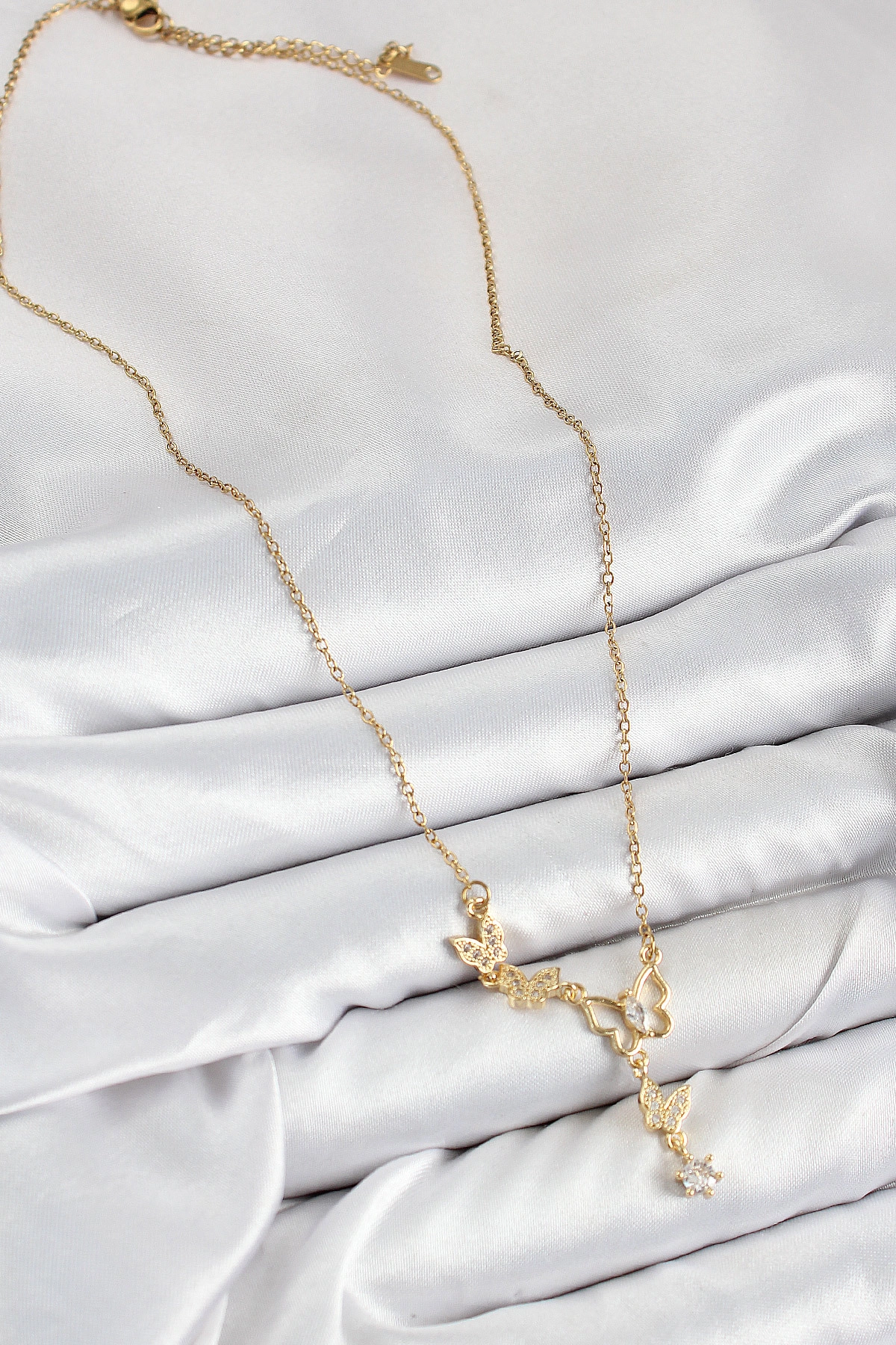 316L Çelik Zirkon Taşlı Kelebek Model Gold Renk Kadın Kolye-1