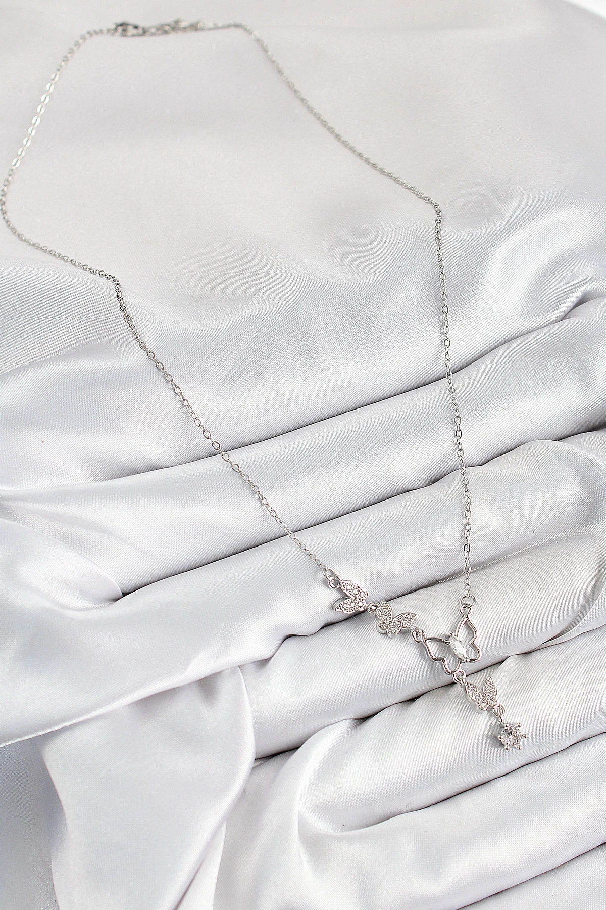 316L Çelik Zirkon Taşlı Kelebek Model Gümüş Renk Kadın Kolye-1