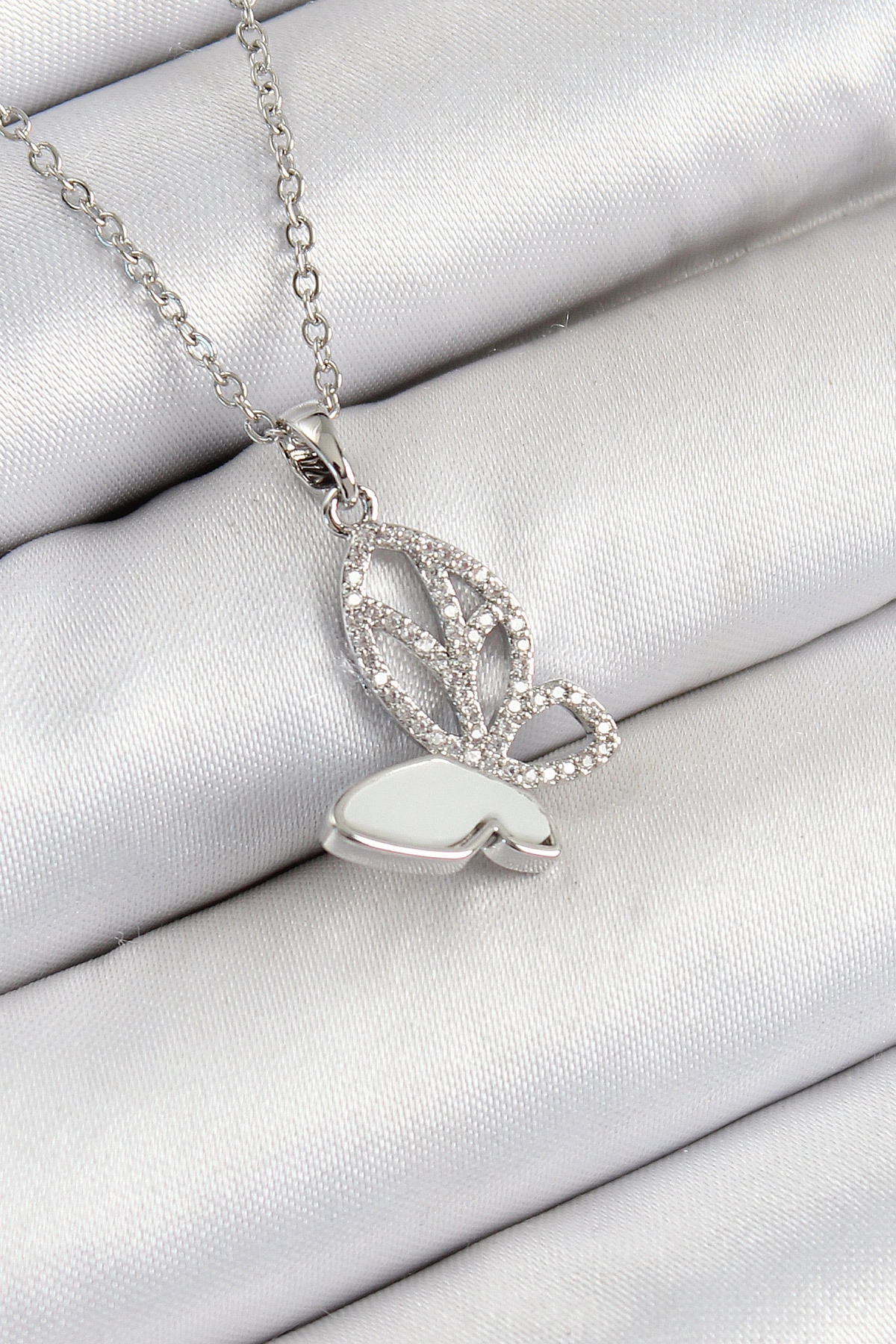 316L Çelik Zirkon Taşlı Kelebek Model Gümüş Renk Kadın Kolye-0