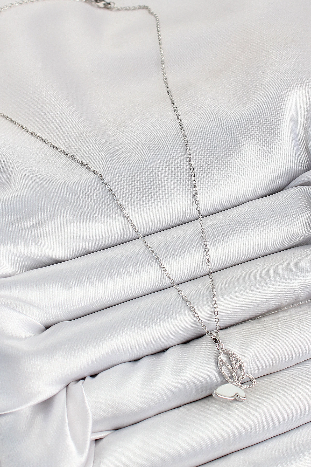 316L Çelik Zirkon Taşlı Kelebek Model Gümüş Renk Kadın Kolye-1