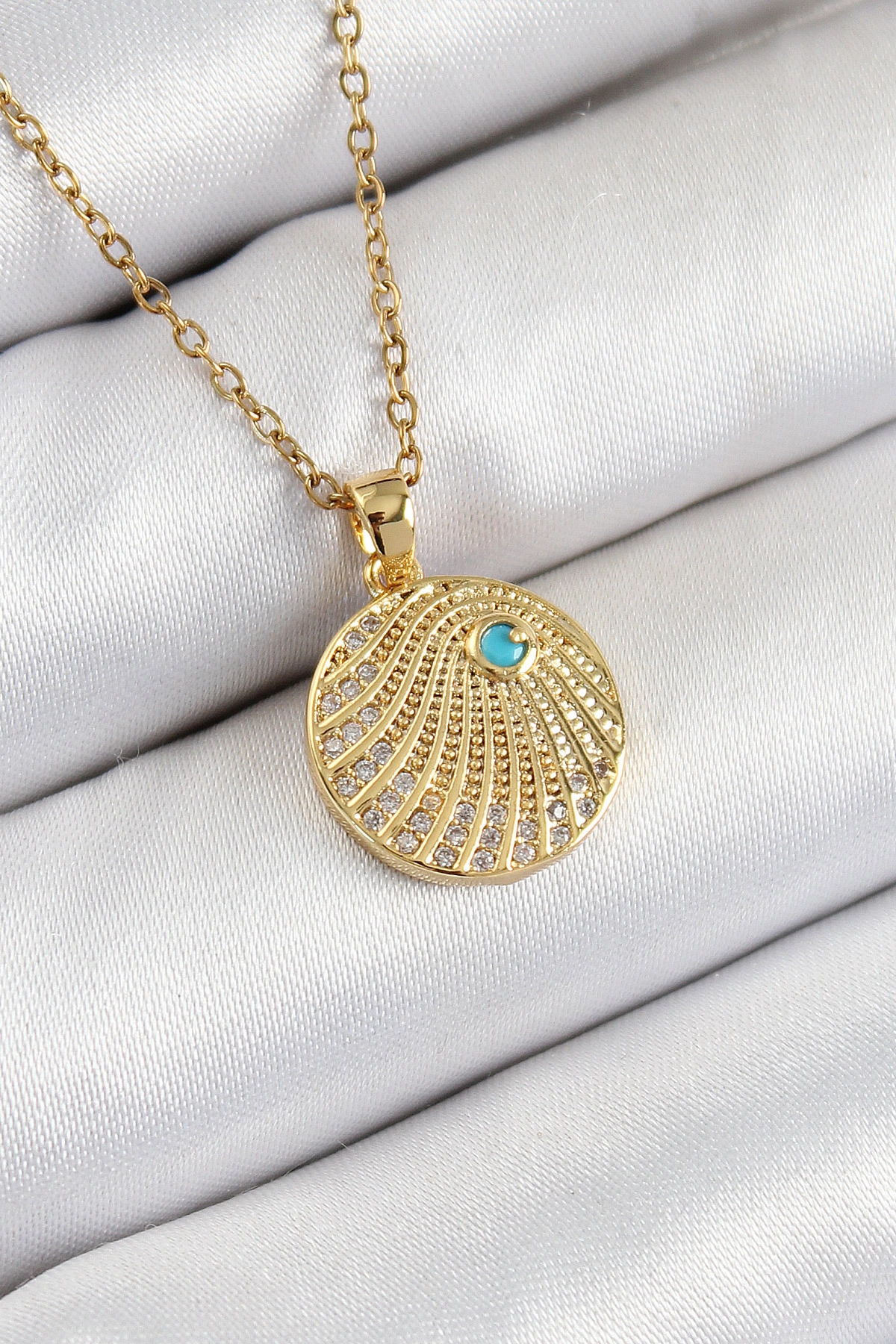 316L Çelik Zirkon Taşlı Madalyon Model Gold Renk Kadın Kolye-0