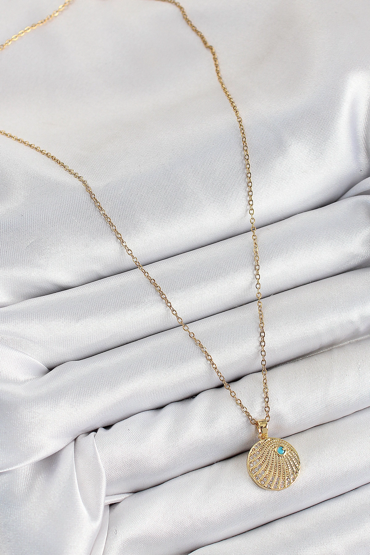 316L Çelik Zirkon Taşlı Madalyon Model Gold Renk Kadın Kolye-1