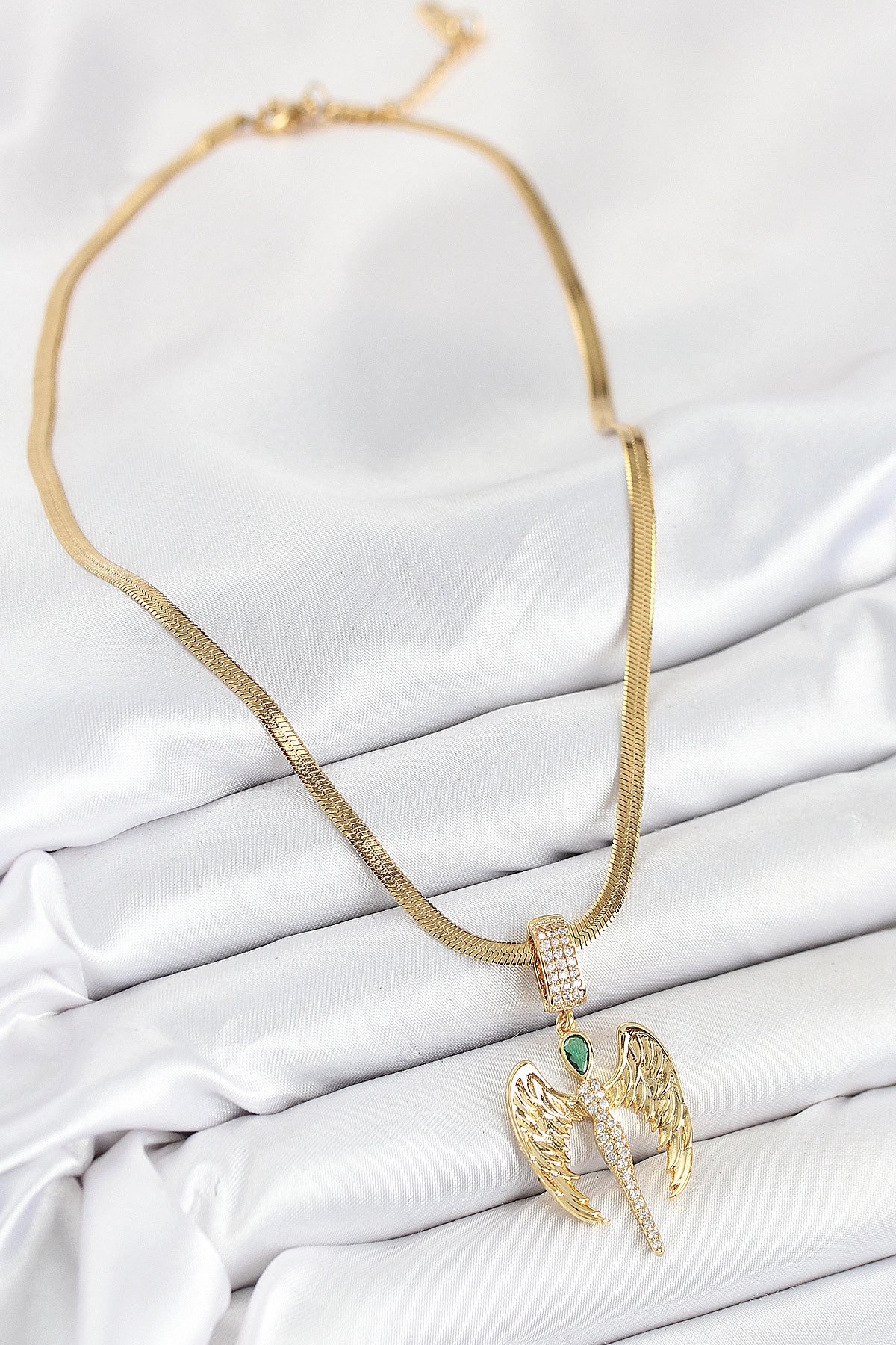 316L Çelik Zirkon Taşlı Melek Model Gold Renk Kadın Kolye-1