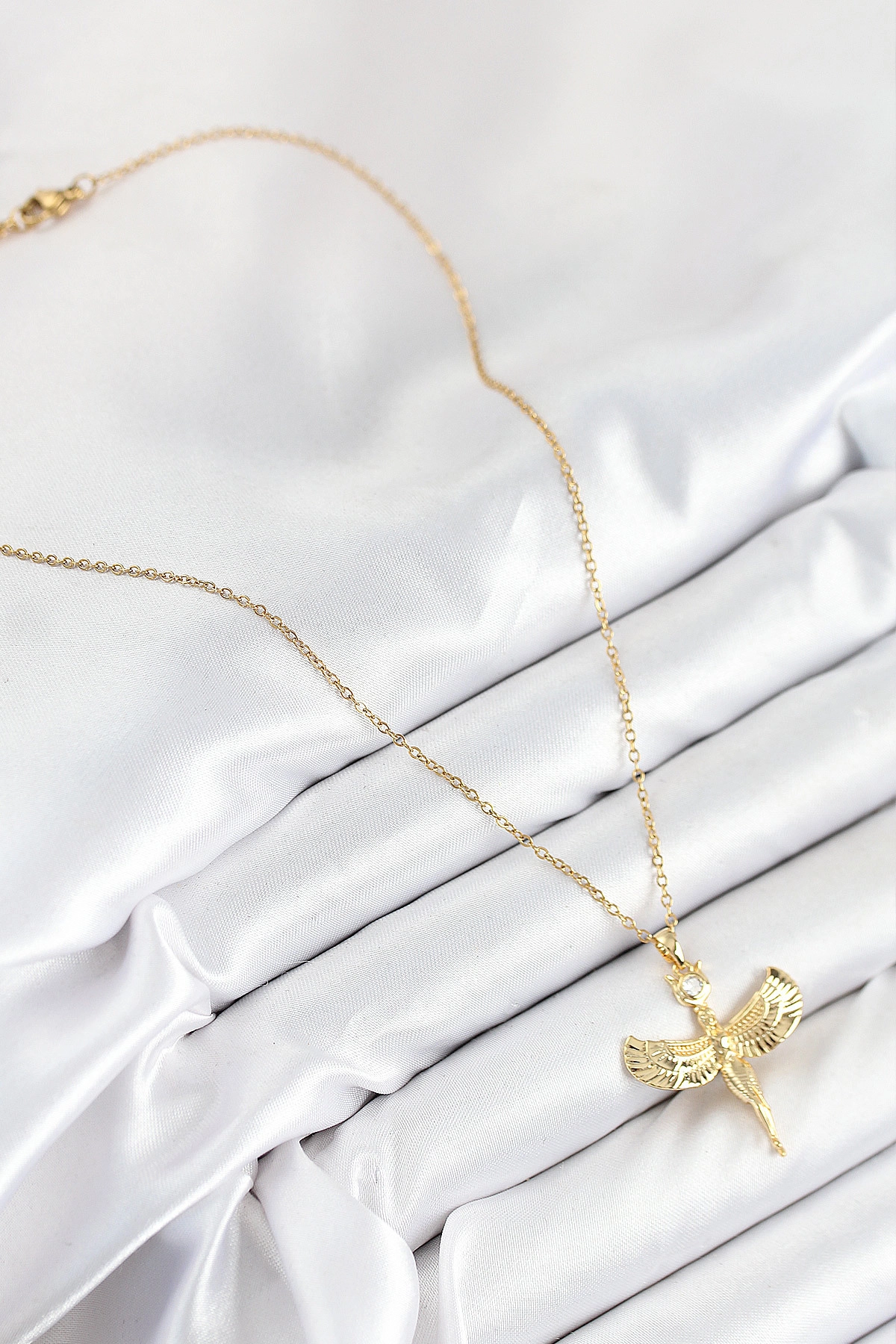 316L Çelik Zirkon Taşlı Melek Model Gold Renk Kadın Kolye-1