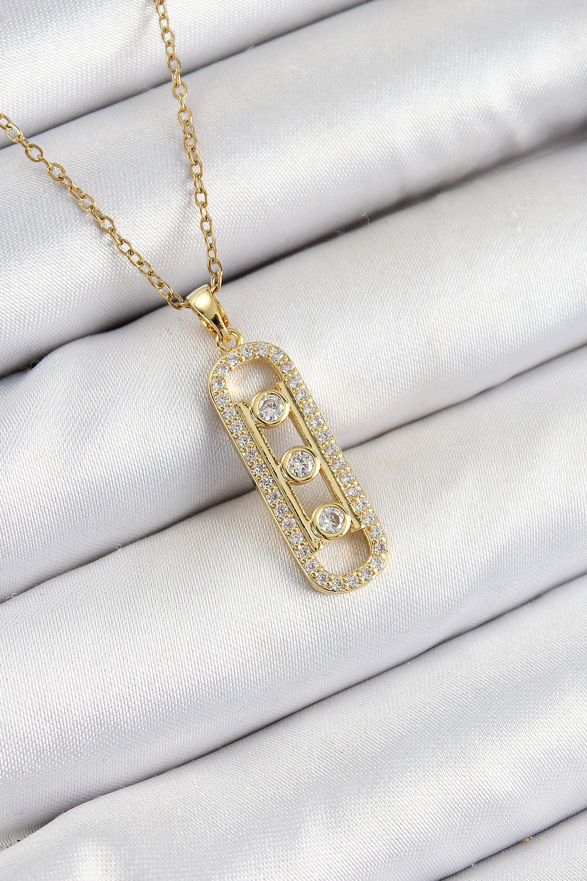 316L Çelik Zirkon Taşlı Messika Model Gold Renk Kadın Kolye-0