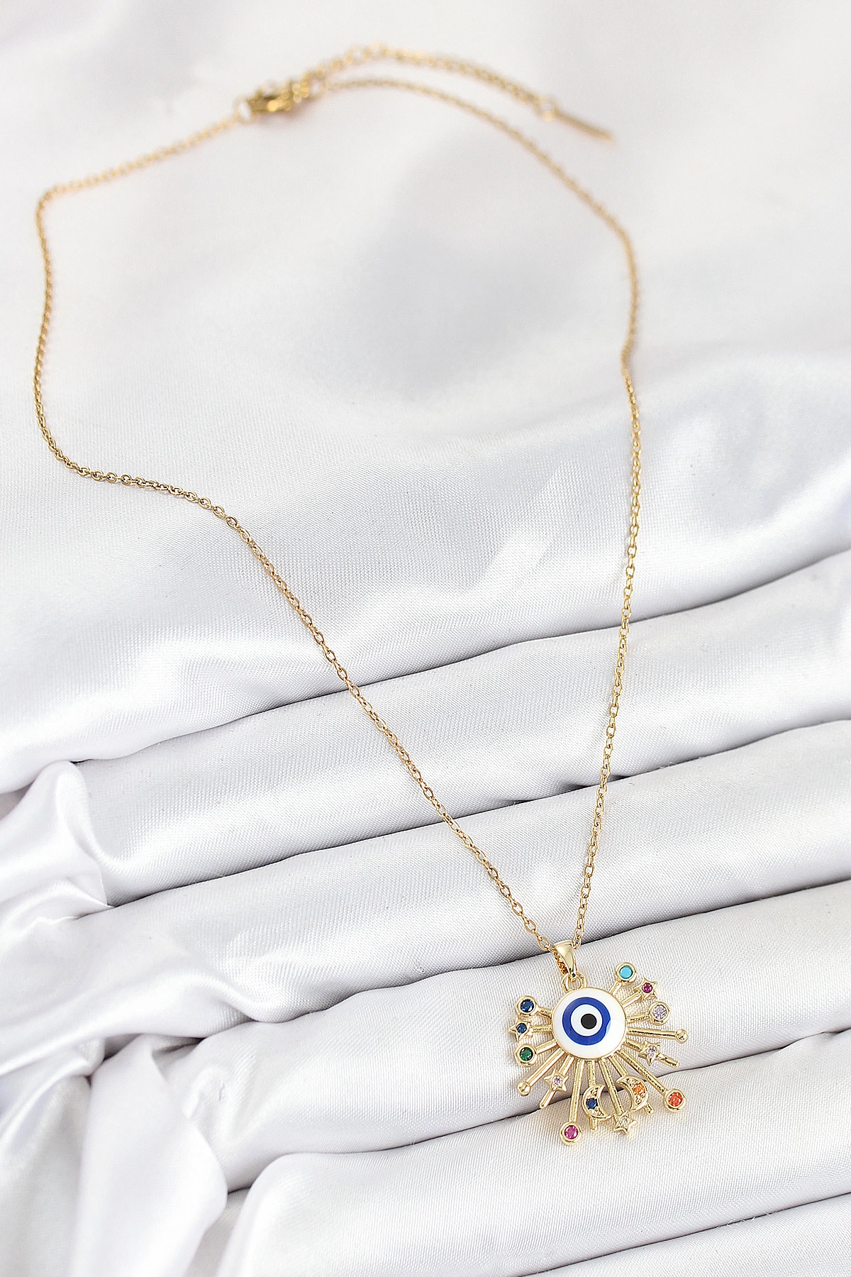 316L Çelik Zirkon Taşlı Nazar Model Gold Renk Kadın Kolye-1