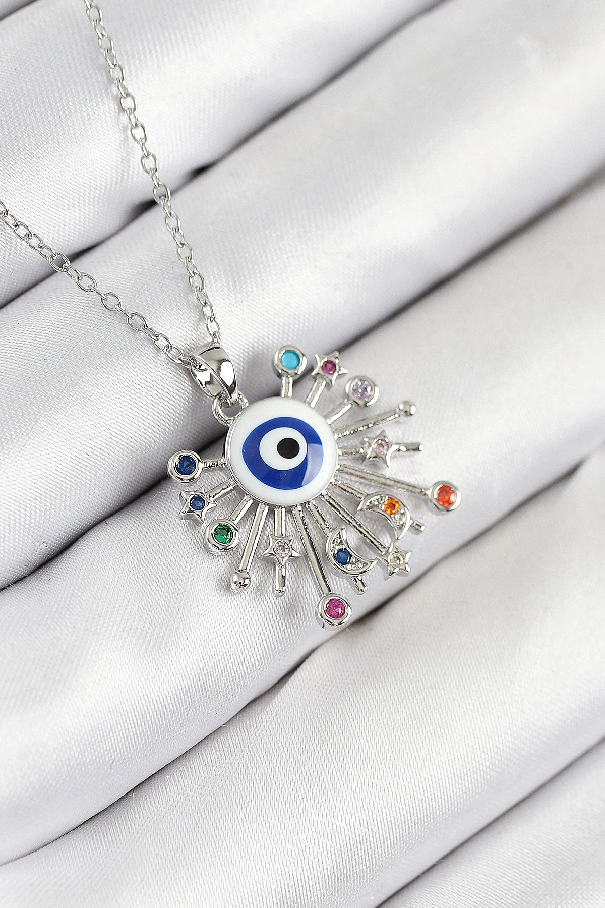 316L Çelik Zirkon Taşlı Nazar Model Gümüş Renk Kadın Kolye-0