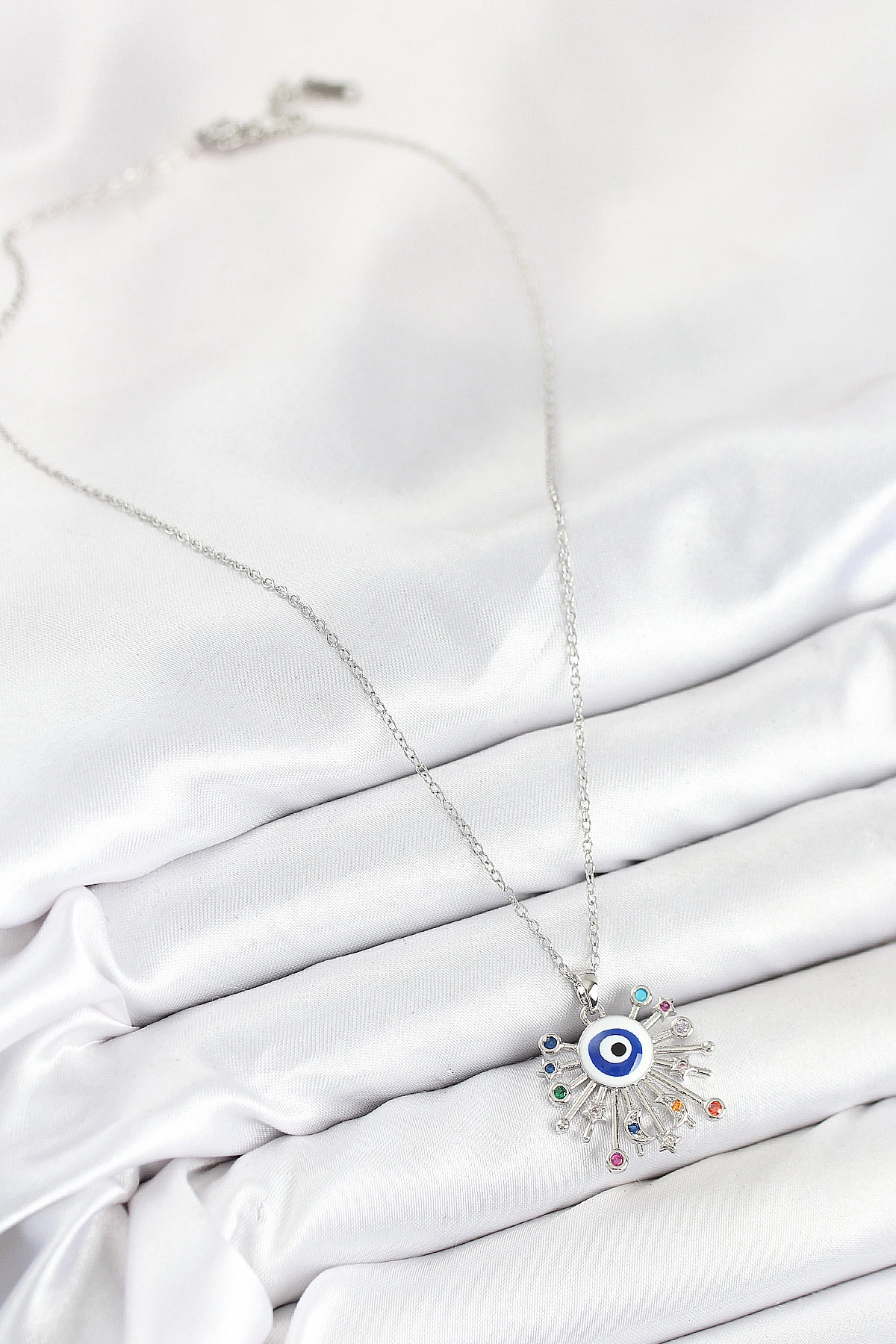 316L Çelik Zirkon Taşlı Nazar Model Gümüş Renk Kadın Kolye-1