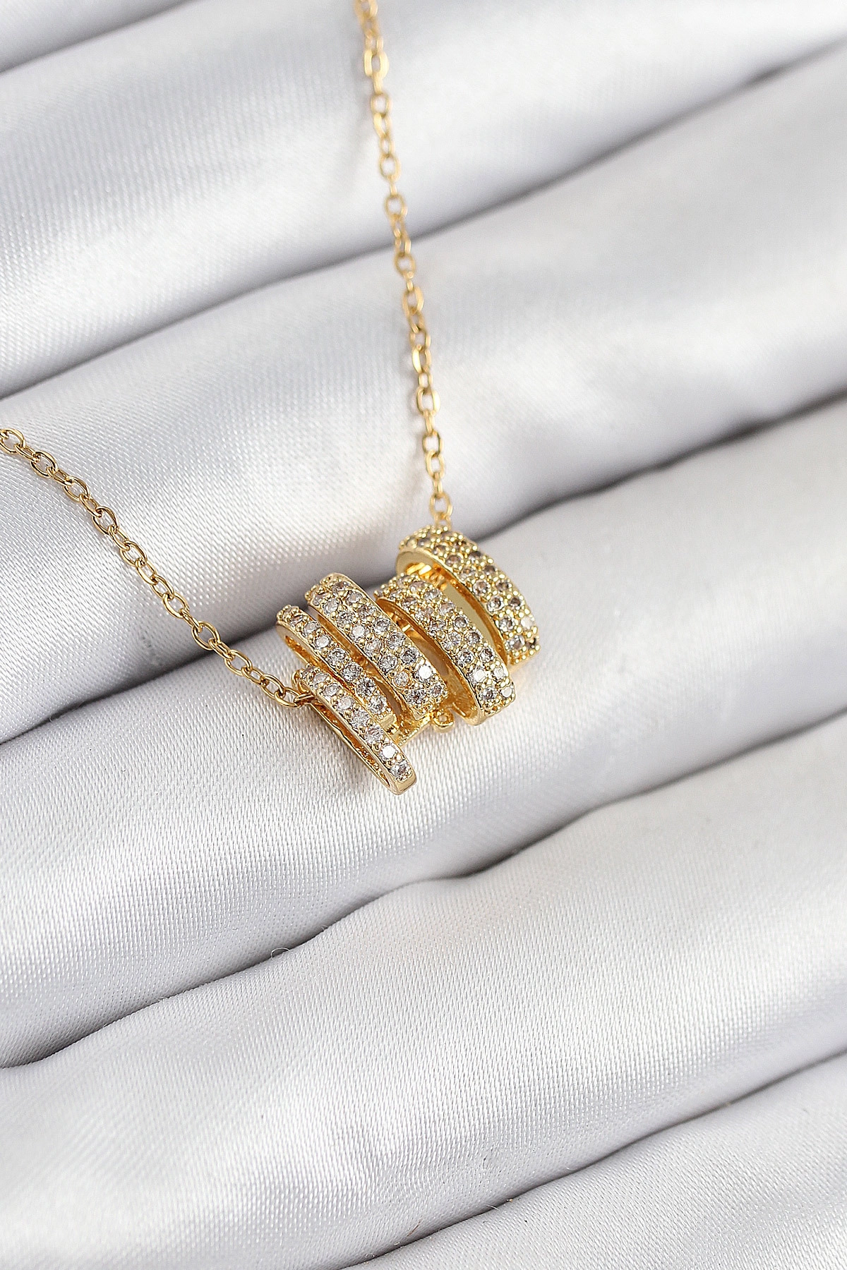 316L Çelik Zirkon Taşlı Sarmal Model Gold Renk Kadın Kolye-0