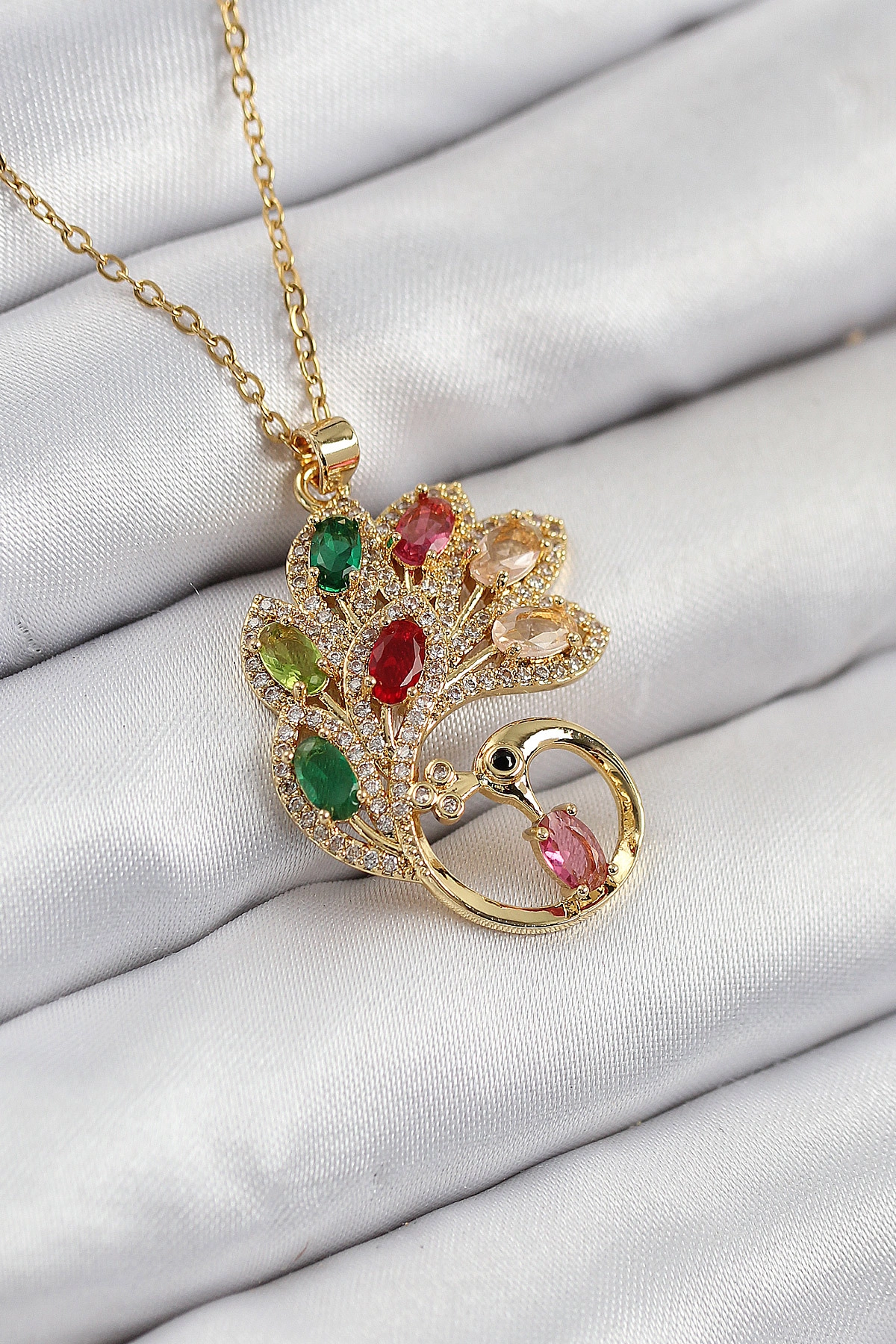 316L Çelik Zirkon Taşlı Tavus Kuşu Model Gold Renk Kadın Kolye-0