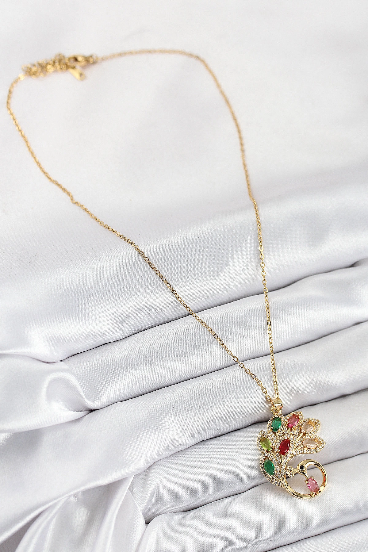 316L Çelik Zirkon Taşlı Tavus Kuşu Model Gold Renk Kadın Kolye-1