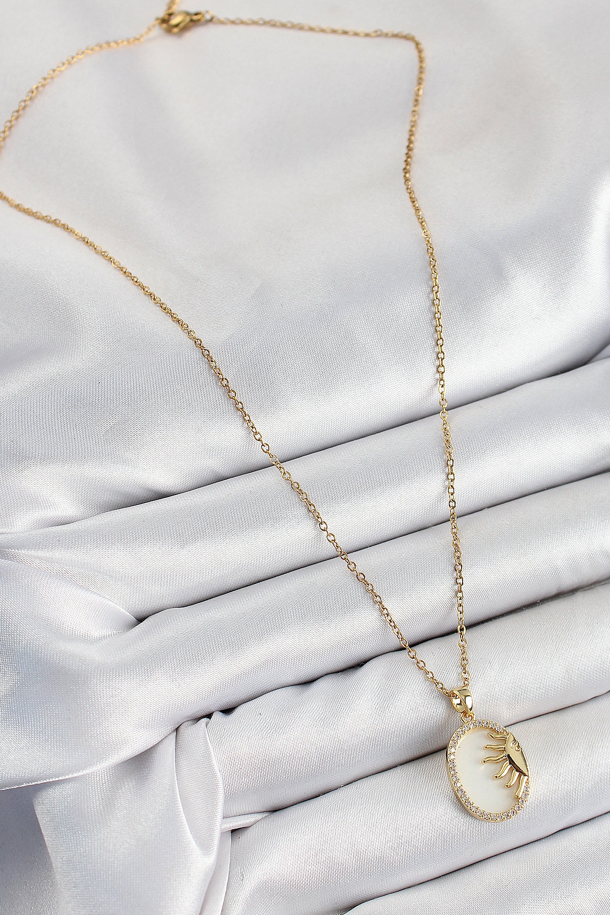 316L Çelik Zirkon Taşlı Yarım Güneş Model Gold Renk Kadın Kolye-1