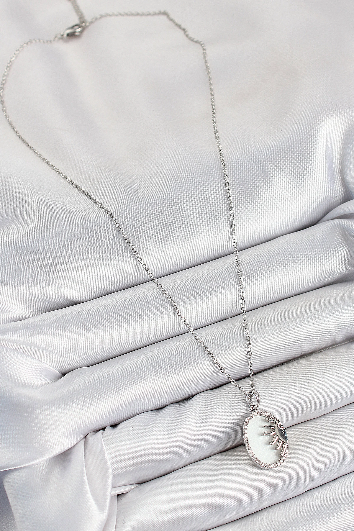 316L Çelik Zirkon Taşlı Yarım Güneş Model Gümüş Renk Kadın Kolye-1