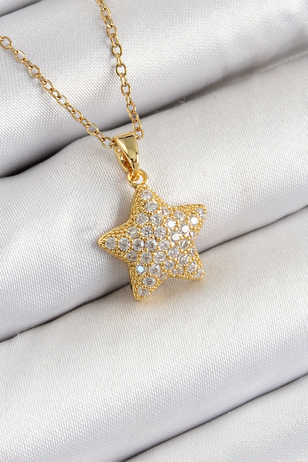 316L Çelik Zirkon Taşlı Yıldız Model Gold Renk Kadın Kolye-0