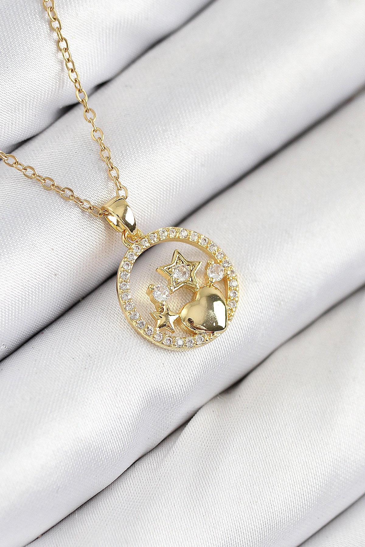 316L Çelik Zirkon Taşlı Yıldız Ve Kalp Model Gold Renk Kadın Kolye-0